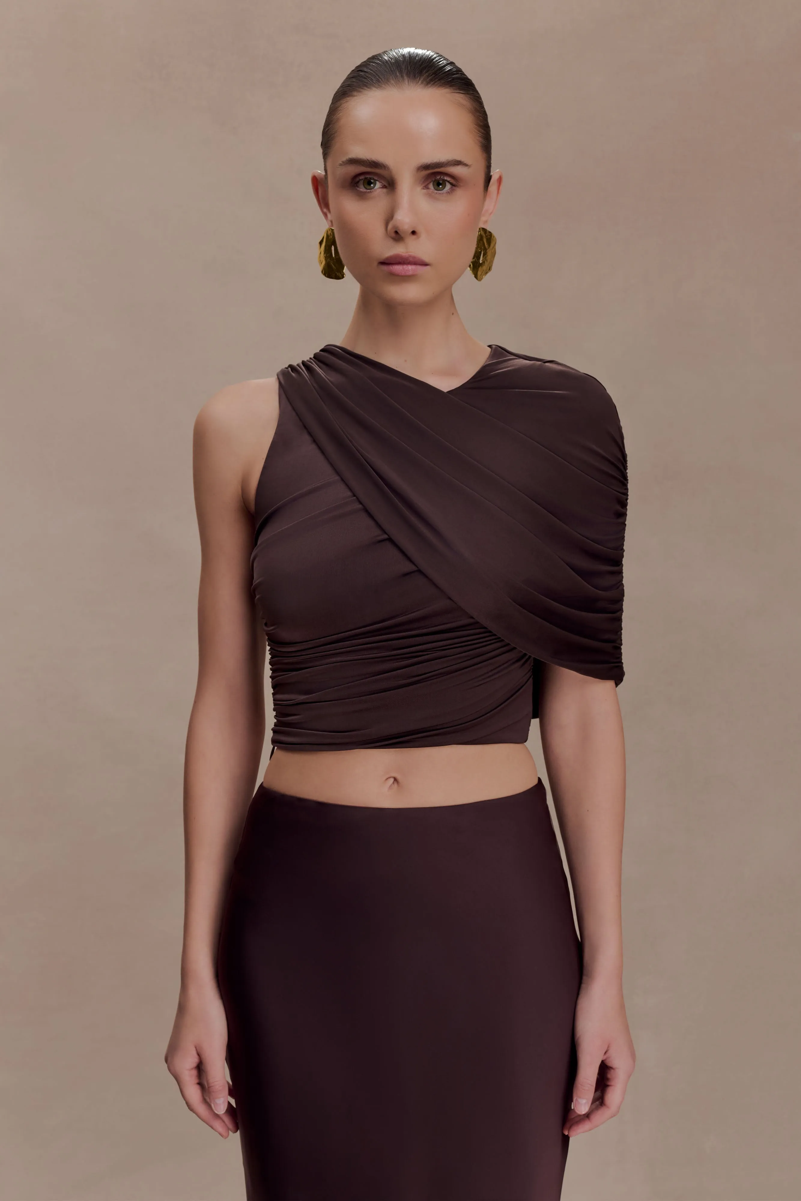 Adrienne One Shoulder Slinky Top - Chocolate sold by Meshki
