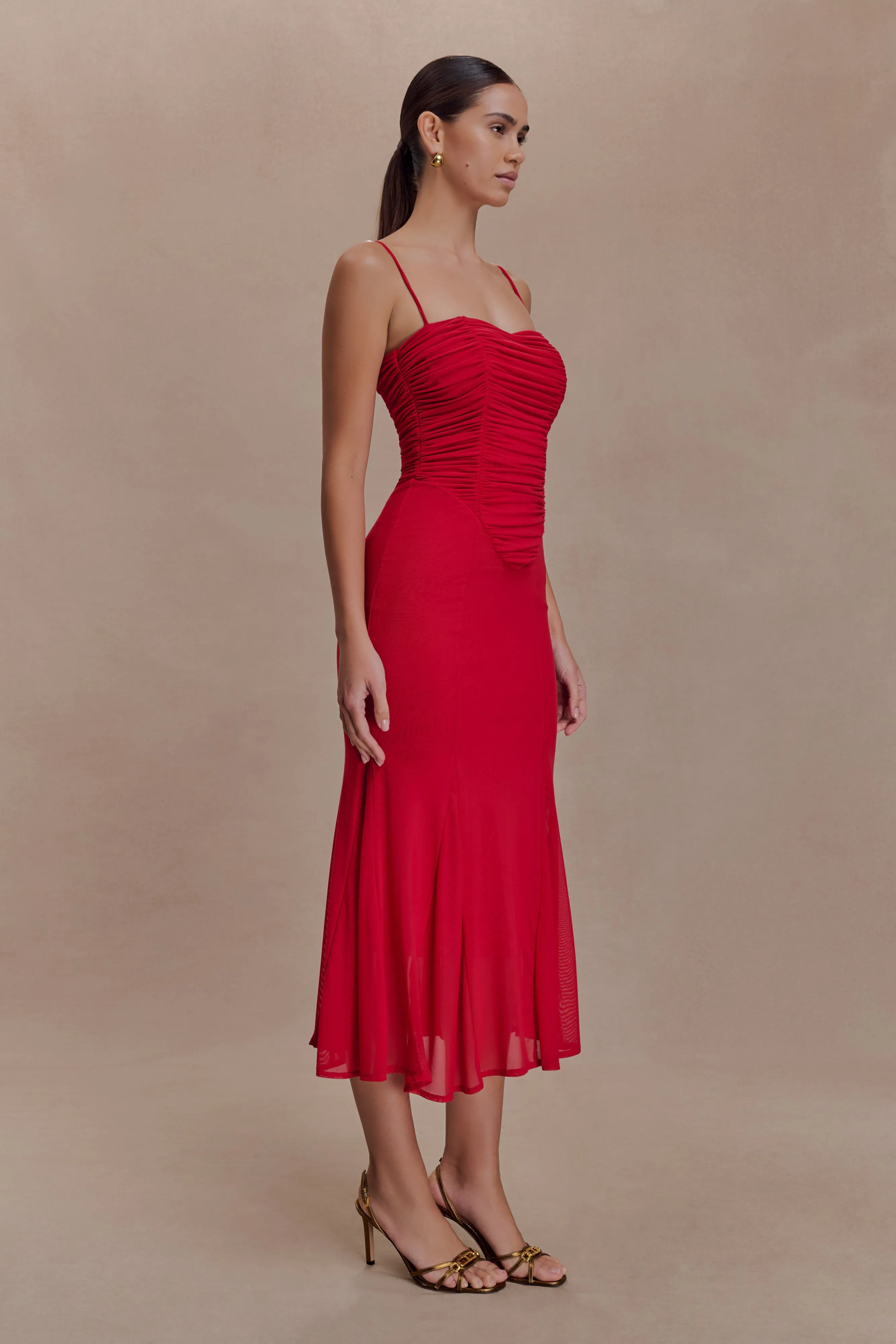 Willa Gathered Mesh Midi Dress - Ruby Red sold by Meshki product image thumbnail 5