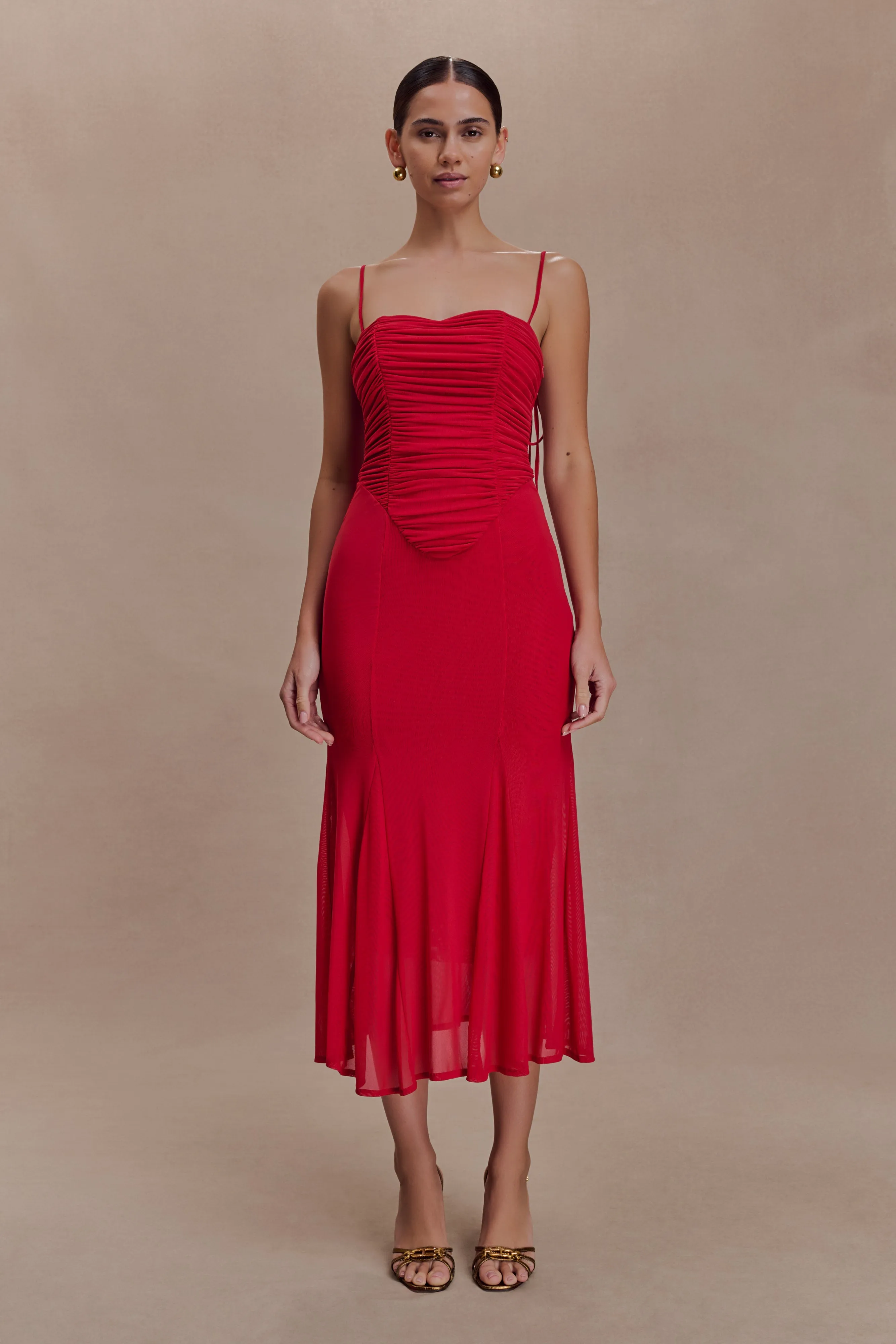 Willa Gathered Mesh Midi Dress - Ruby Red sold by Meshki product image thumbnail 2