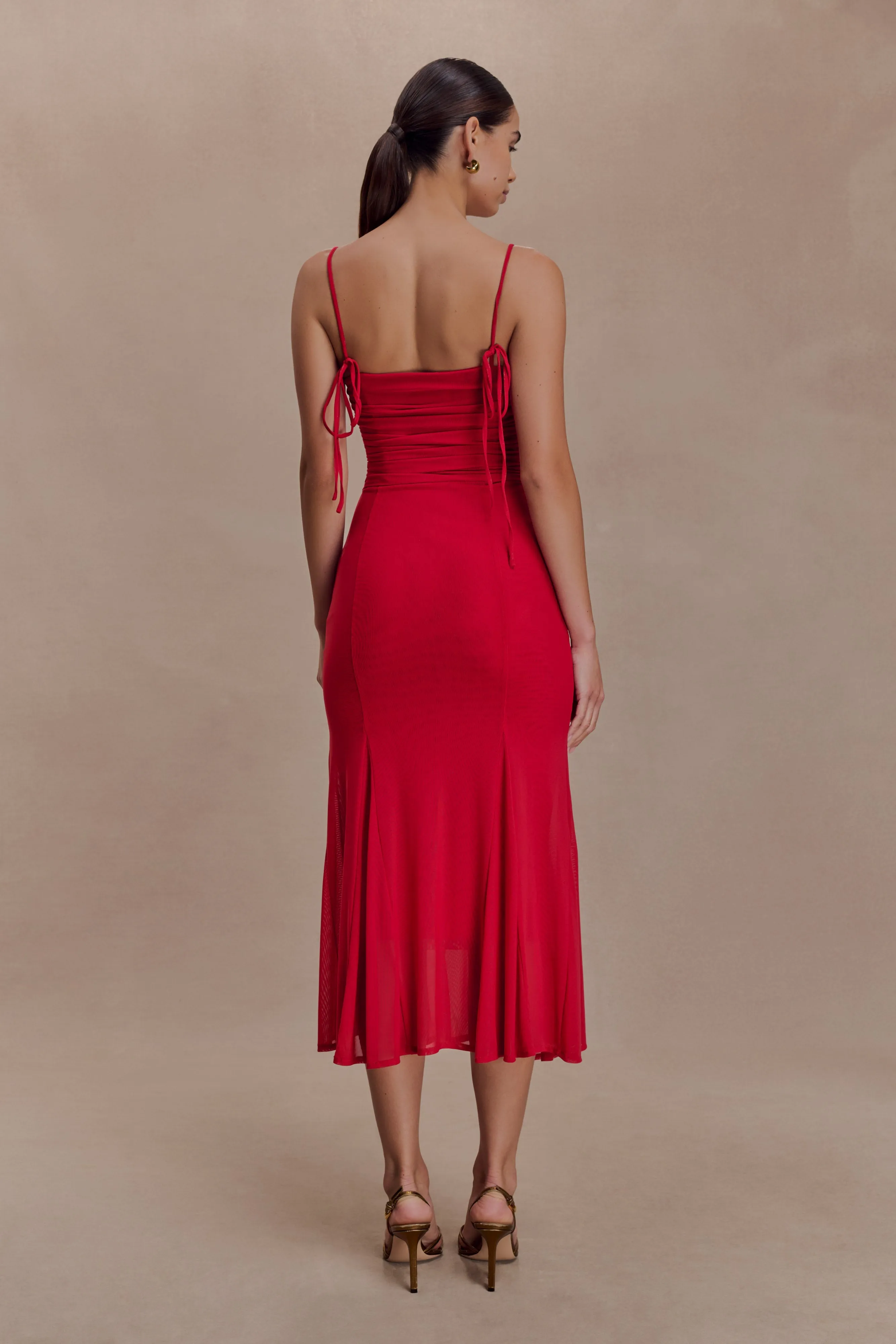 Willa Gathered Mesh Midi Dress - Ruby Red sold by Meshki product image thumbnail 4