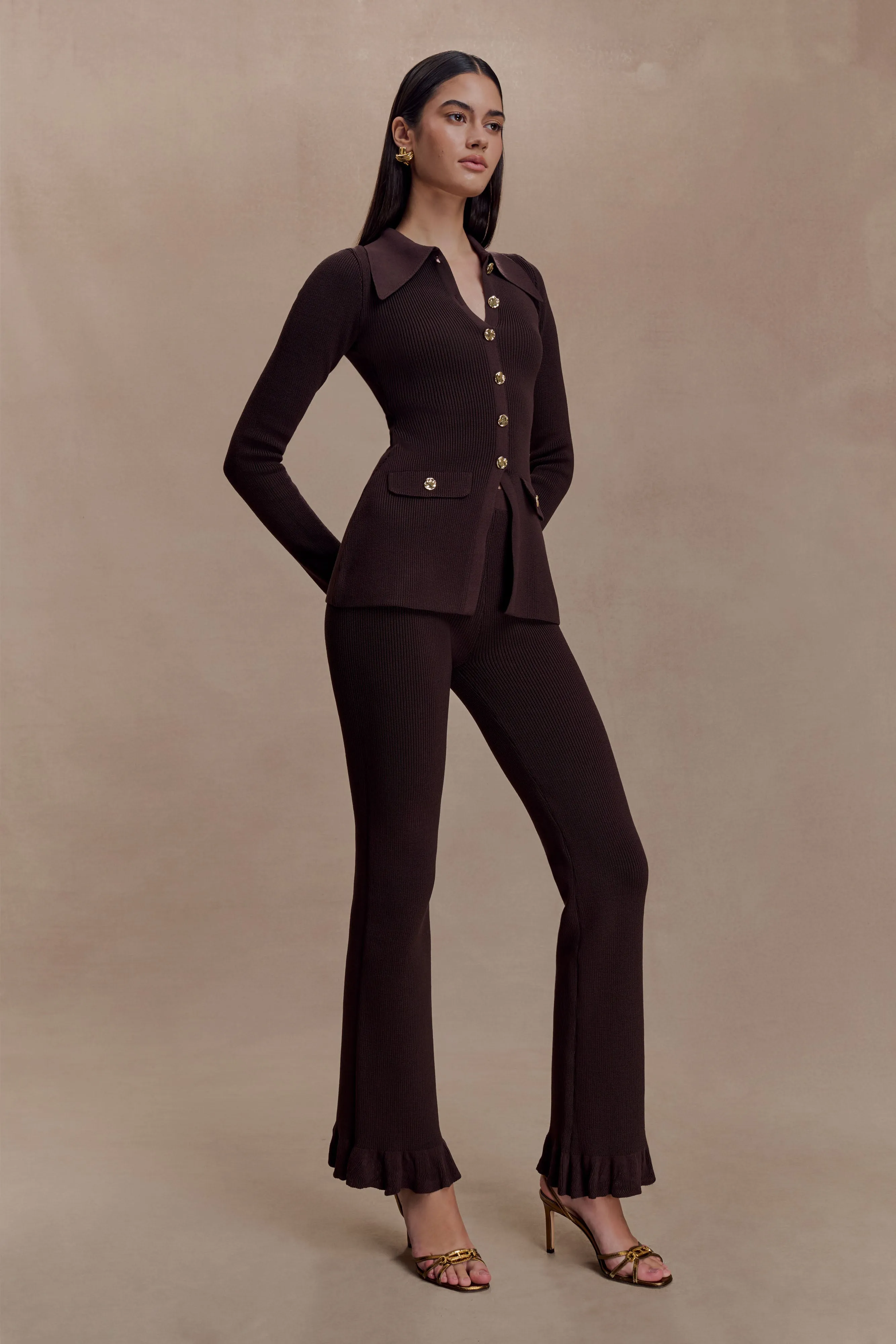 Suzie Ribbed Flared Pants - Chocolate sold by Meshki product image thumbnail 3