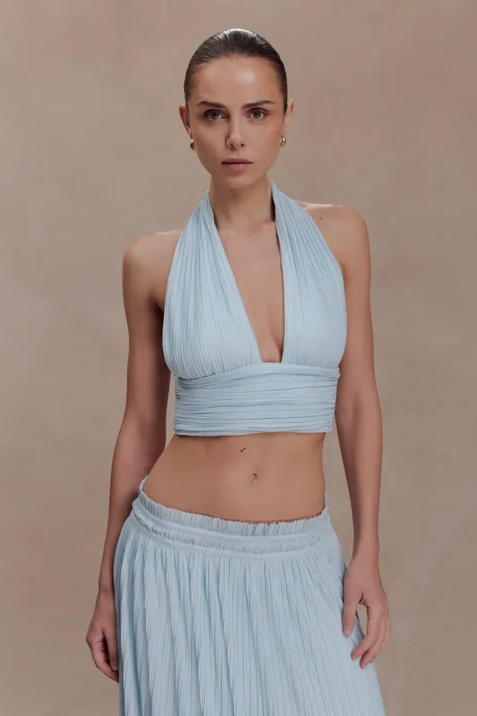 Amaris Sleeveless Plisse Halter Top - Pale Blue sold by Meshki
