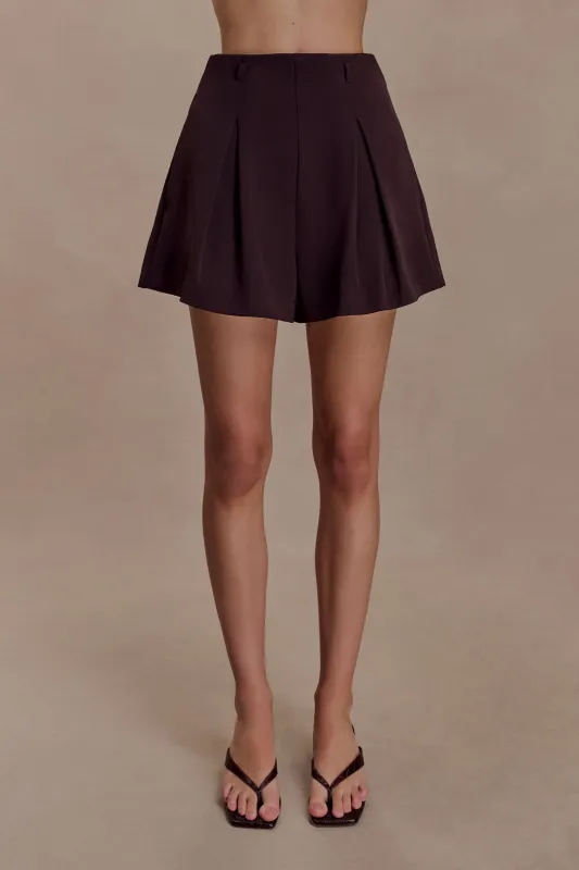 Simone Pleated Suiting Short - Dark Chocolate sold by Meshki