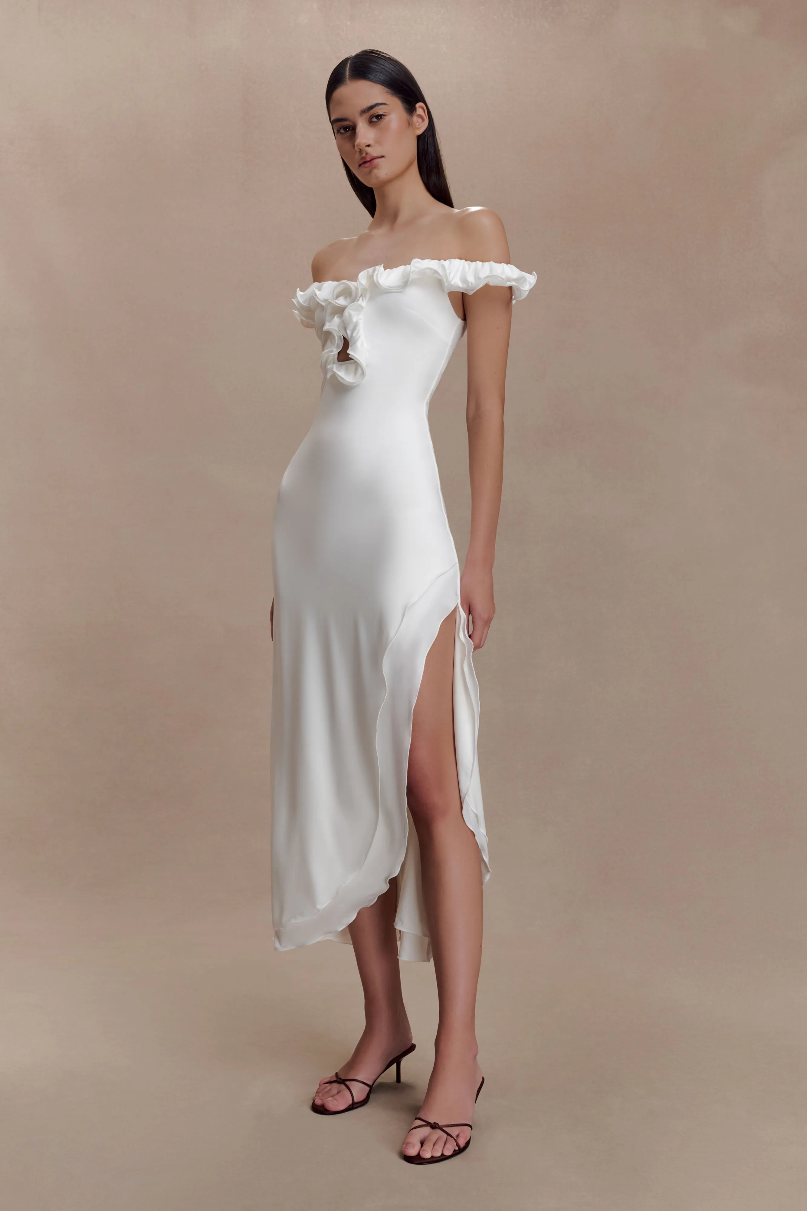Allegra Off Shoulder Ruffle Midi Dress - Ivory sold by Meshki product image thumbnail 3