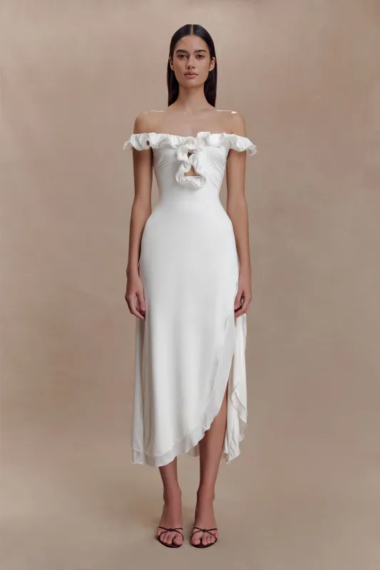 Allegra Off Shoulder Ruffle Midi Dress - Ivory sold by Meshki