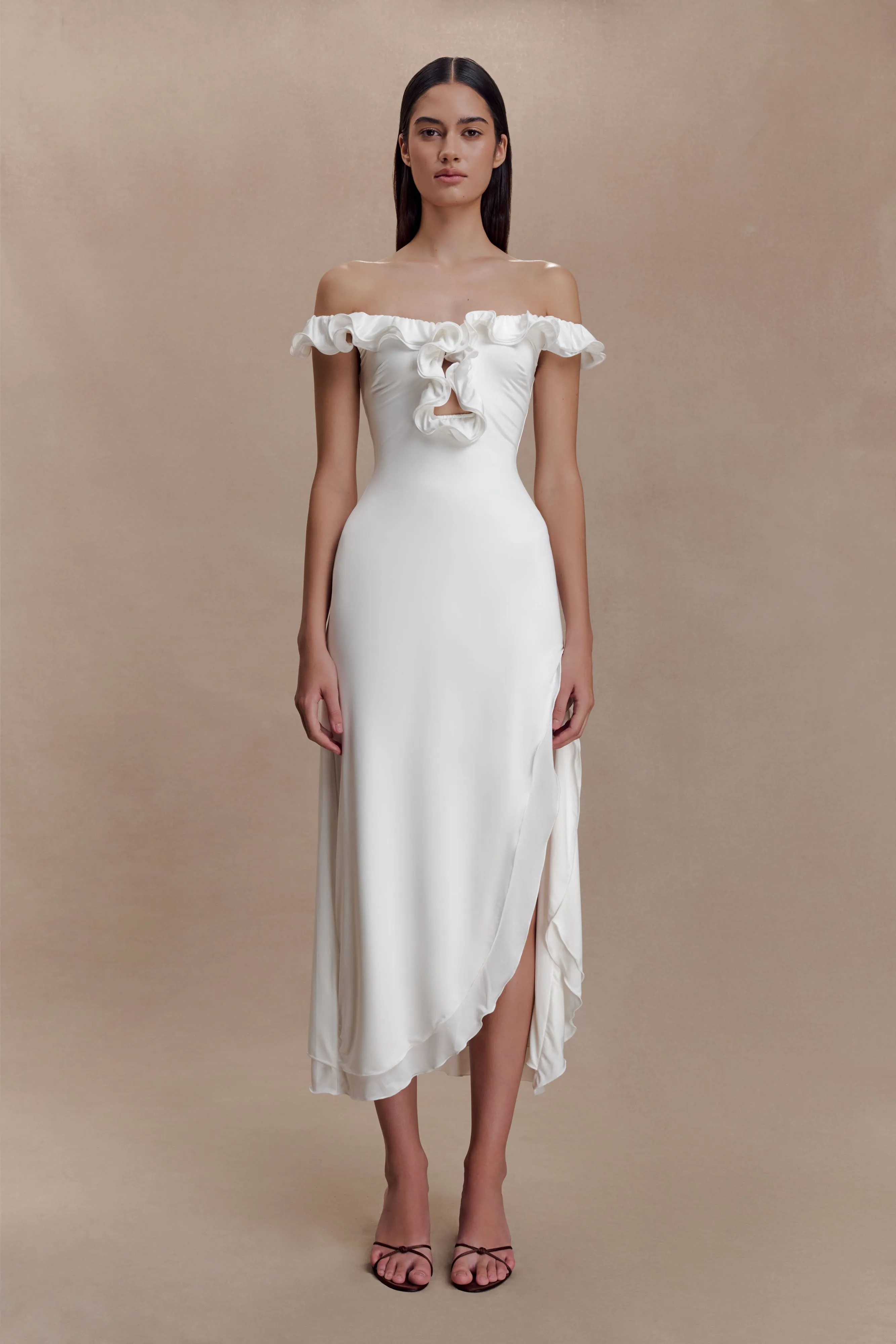 Allegra Off Shoulder Ruffle Midi Dress - Ivory sold by Meshki