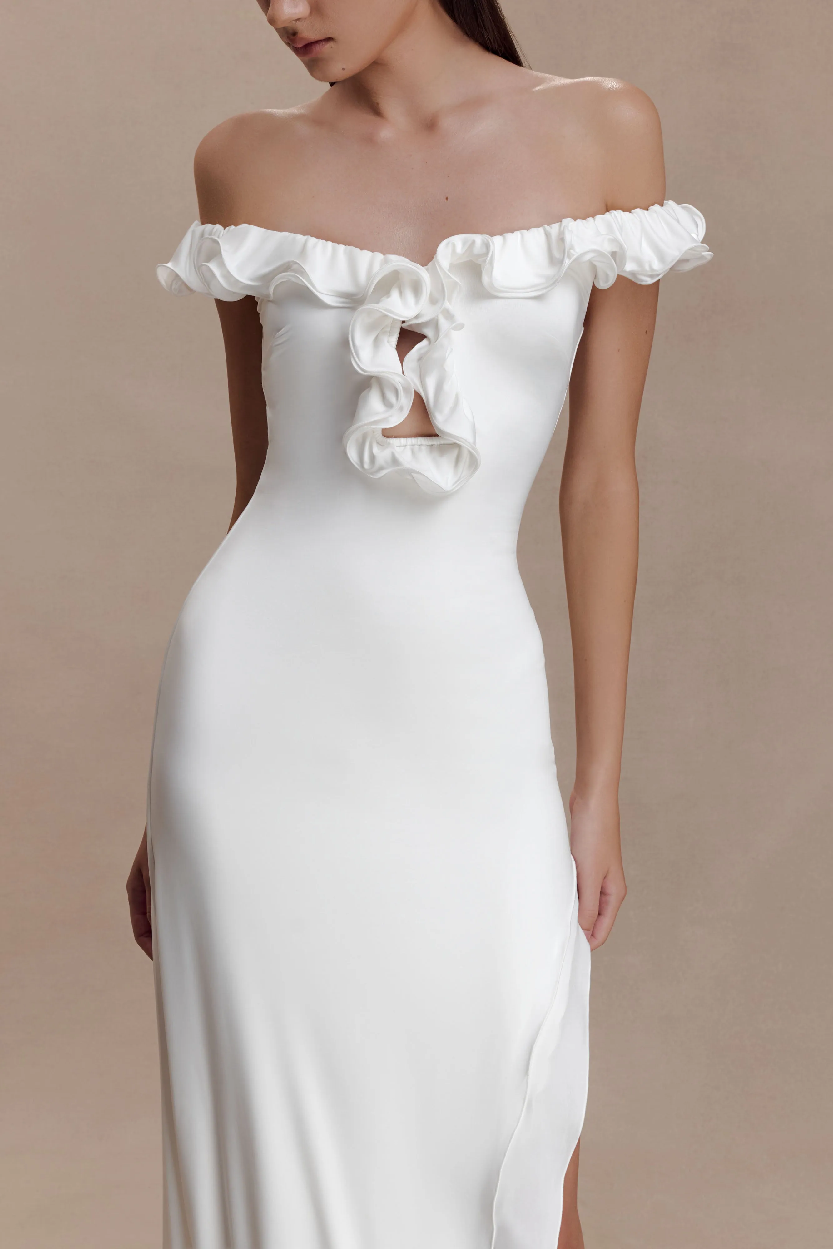 Allegra Off Shoulder Ruffle Midi Dress - Ivory sold by Meshki product image thumbnail 5