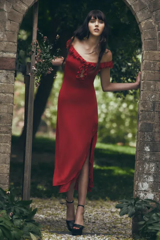 Allegra Off Shoulder Ruffle Midi Dress - Ruby sold by Meshki