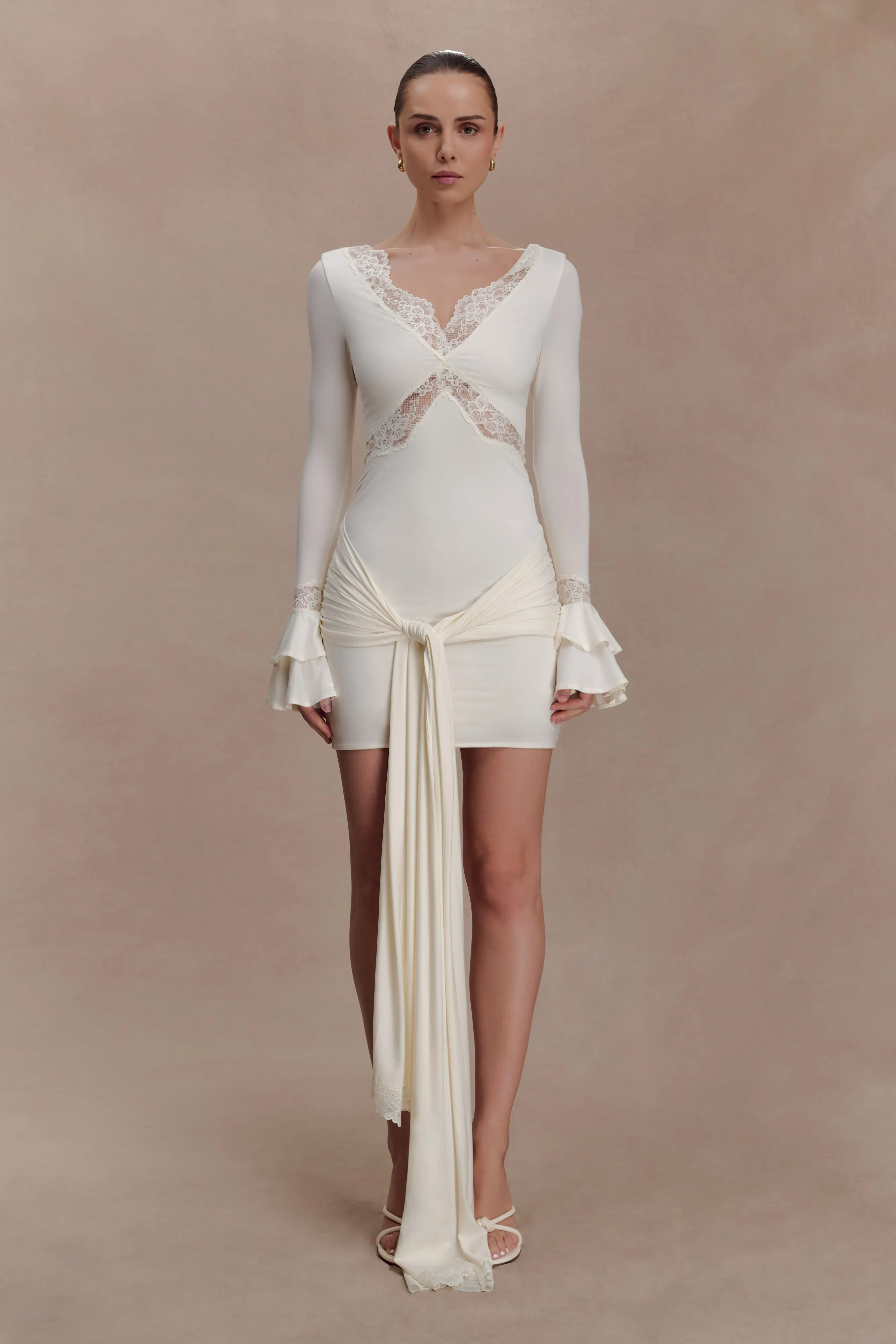 Electra Slinky Lace Mini Dress - Ivory sold by Meshki