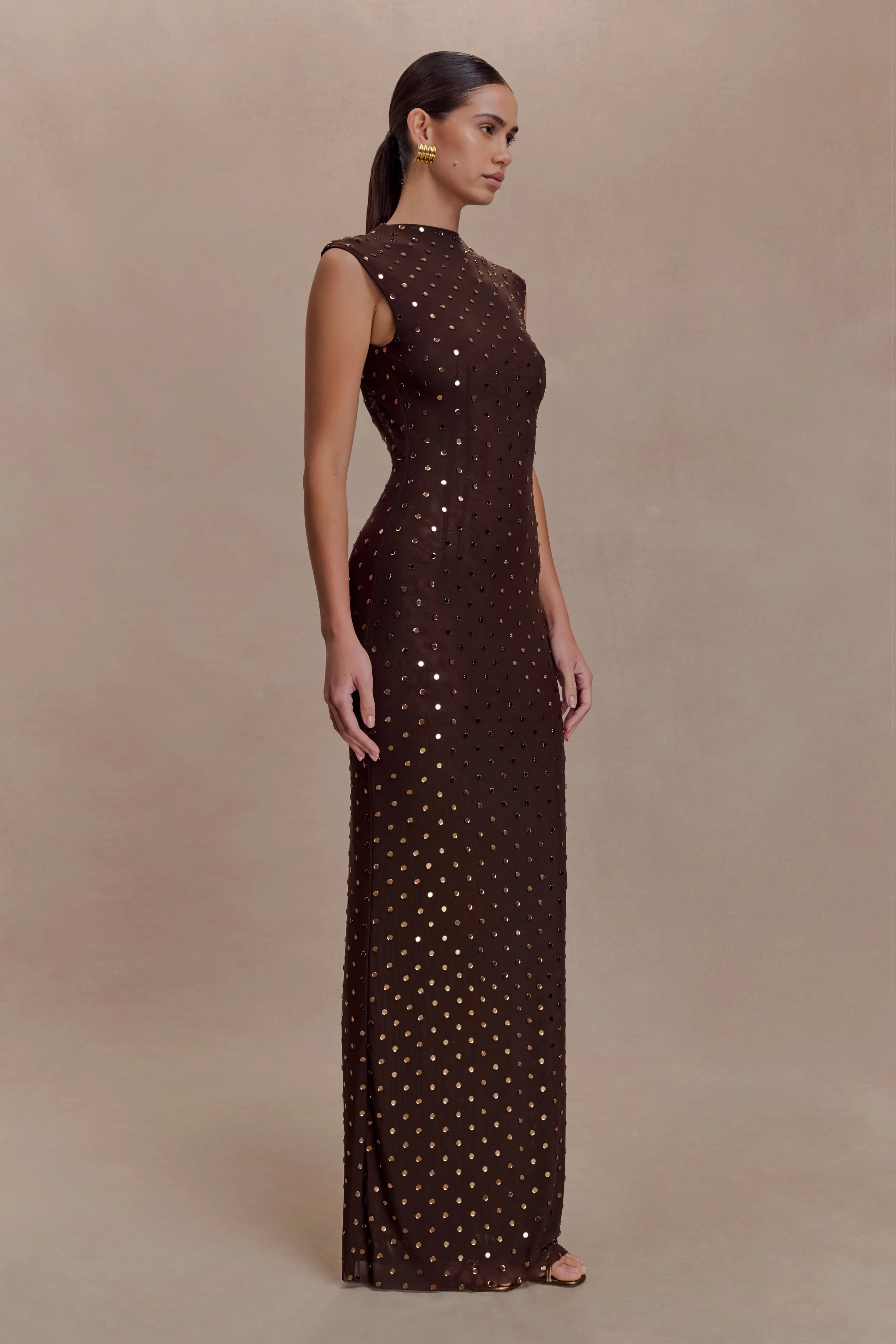 Samara Sleeveless Diamante Maxi Dress - Chocolate sold by Meshki product image thumbnail 5