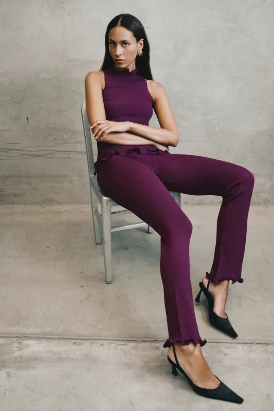 Diya Ribbed High Waisted Pants With Wire Hem - Plum sold by Meshki