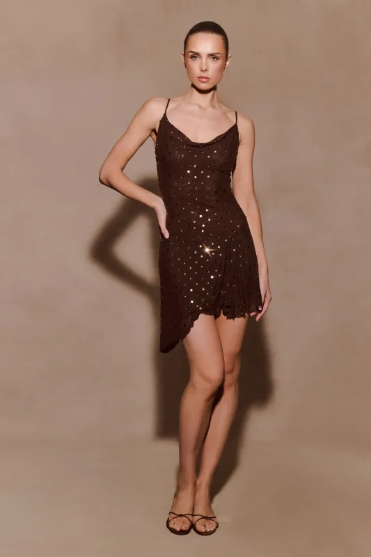 Zahra Diamante Cowl Mini Dress - Chocolate sold by Meshki