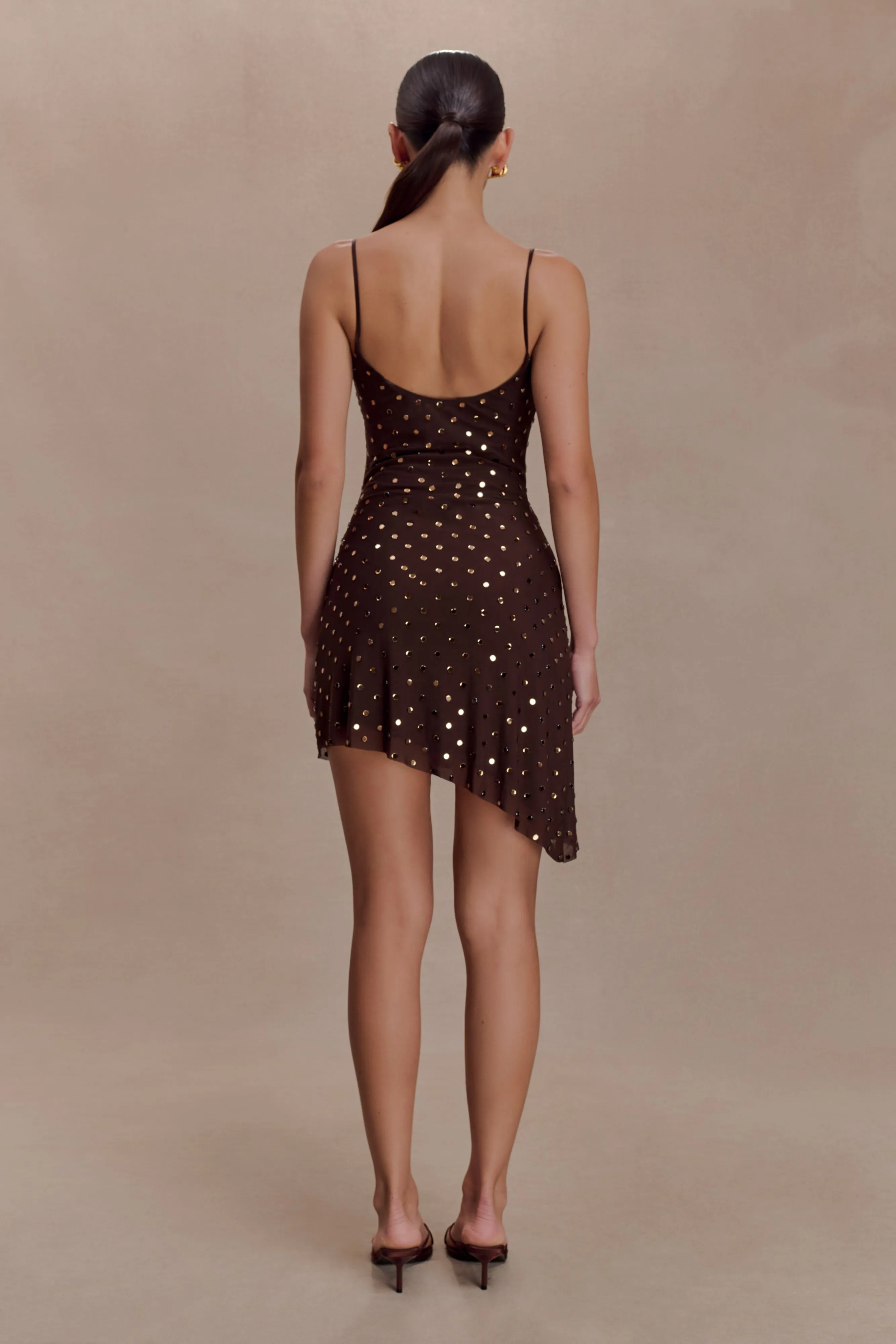 Zahra Diamante Cowl Mini Dress - Chocolate sold by Meshki product image thumbnail 5
