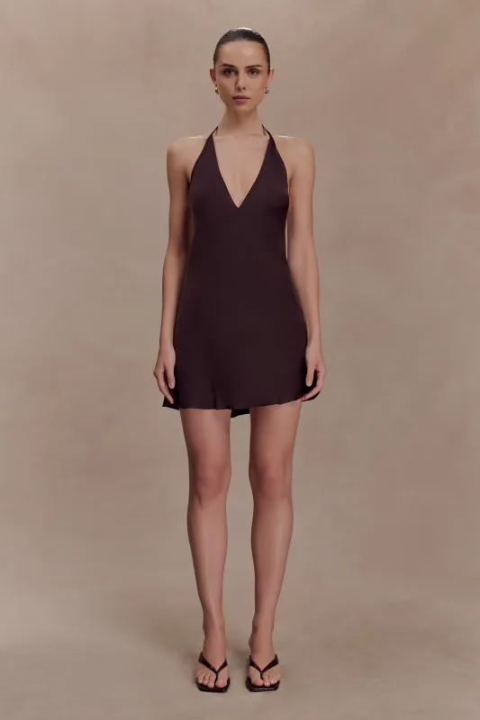 Regina Halter Lace And Satin Mini Dress - Chocolate sold by Meshki