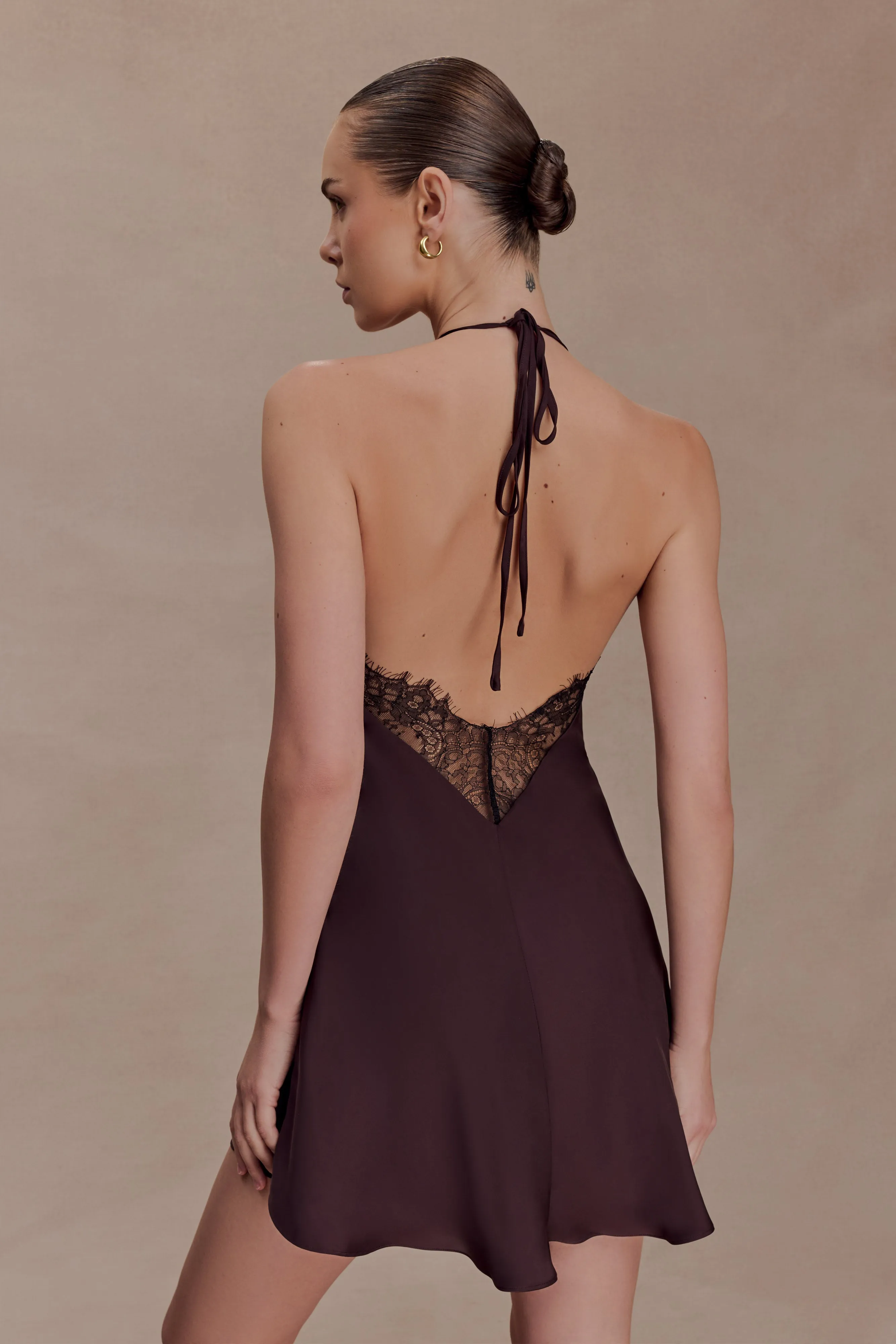 Regina Halter Lace And Satin Mini Dress - Chocolate sold by Meshki product image thumbnail 5