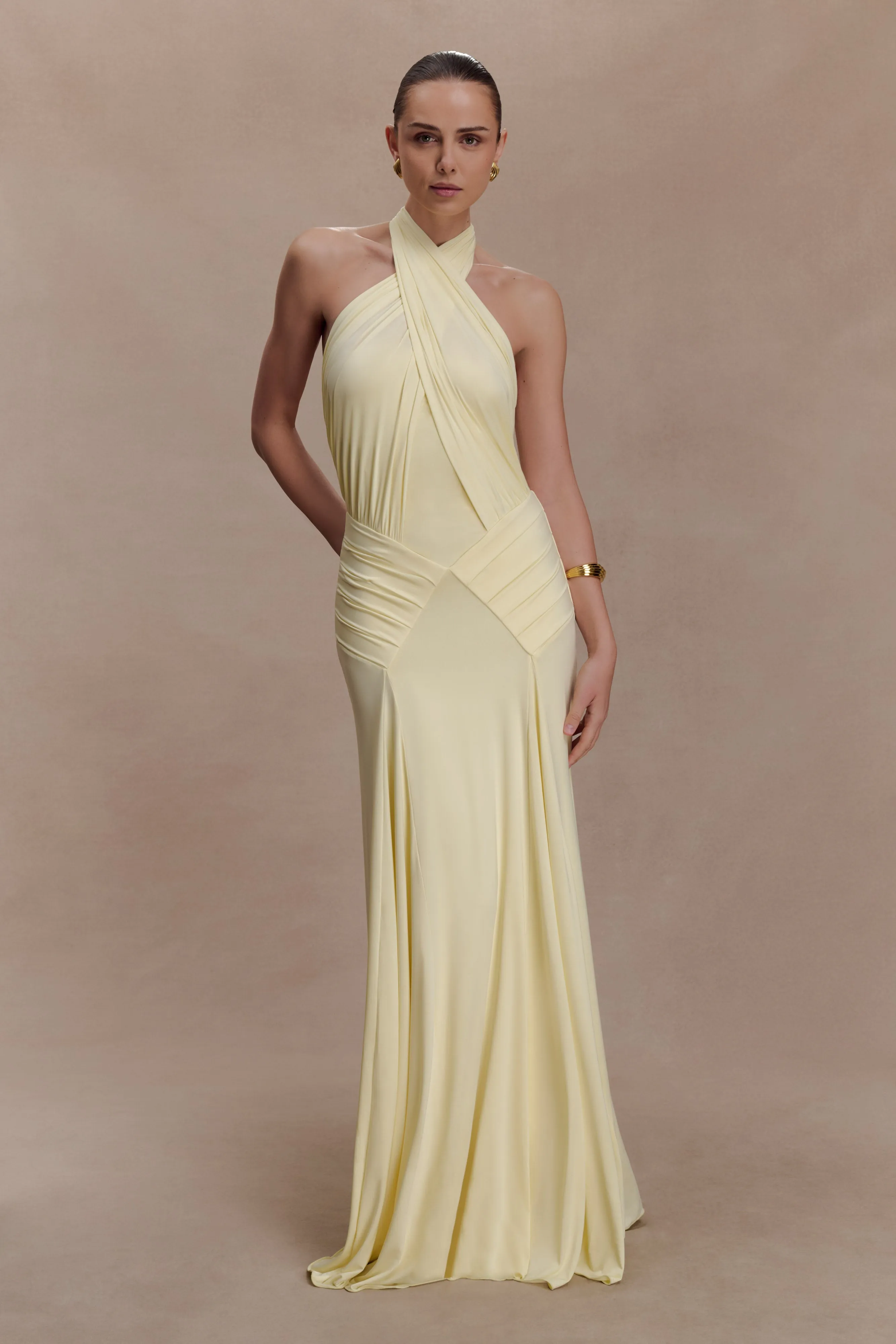 Indira Gathered Slinky Halter Maxi Dress - Lemon sold by Meshki product image thumbnail 5