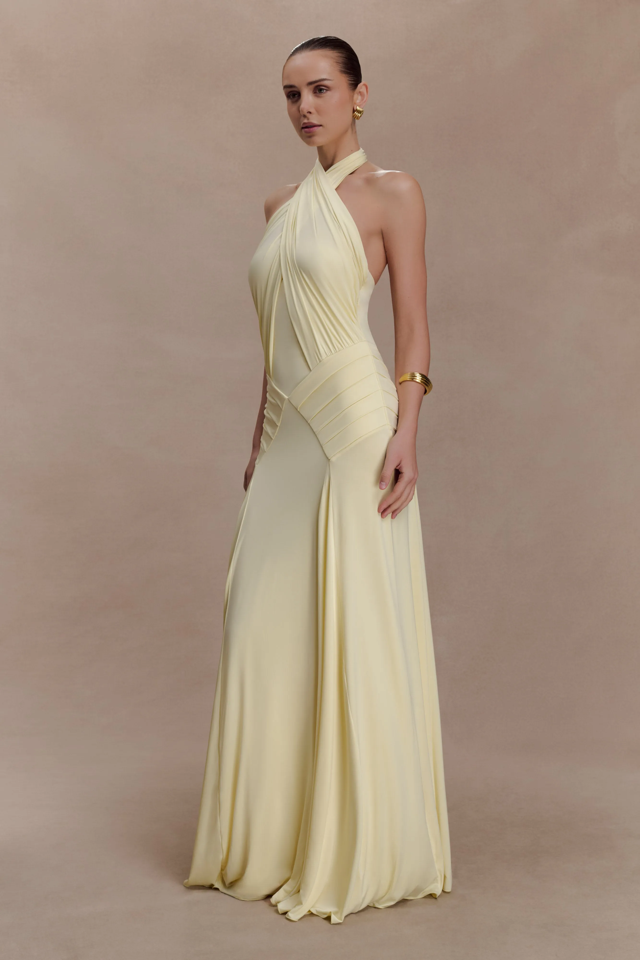 Indira Gathered Slinky Halter Maxi Dress - Lemon sold by Meshki product image thumbnail 4