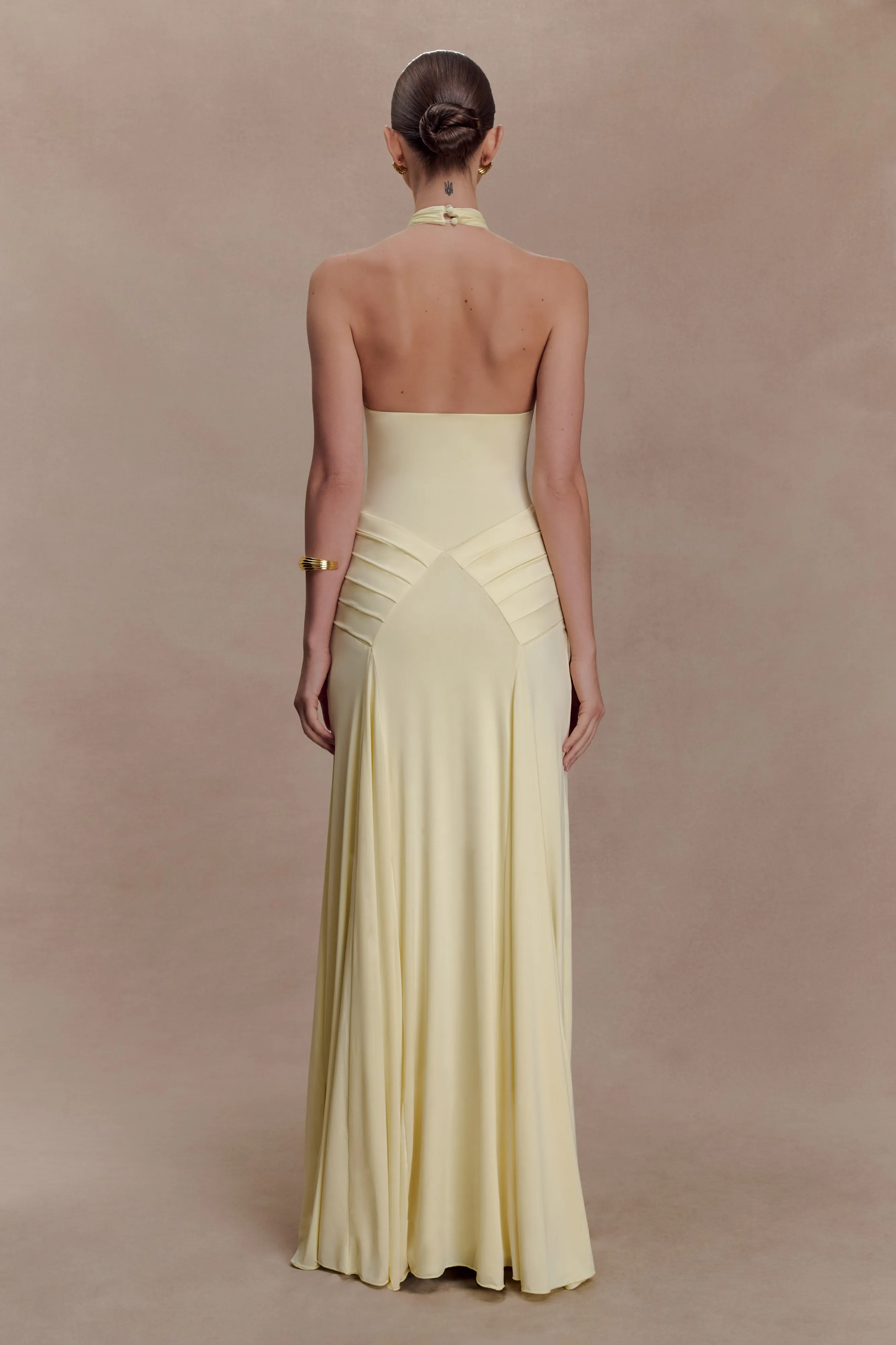 Indira Gathered Slinky Halter Maxi Dress - Lemon sold by Meshki product image thumbnail 2