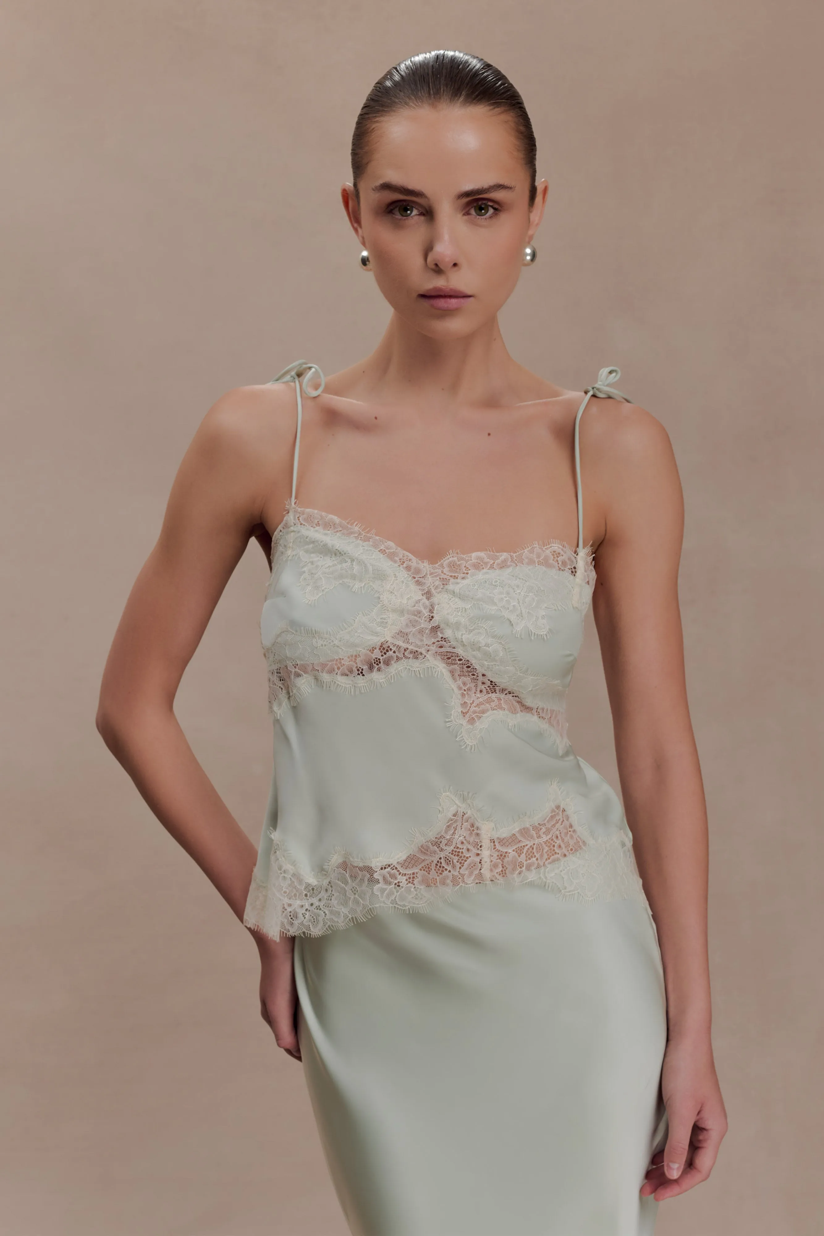 Nina Satin And Lace Camisole - Sage sold by Meshki