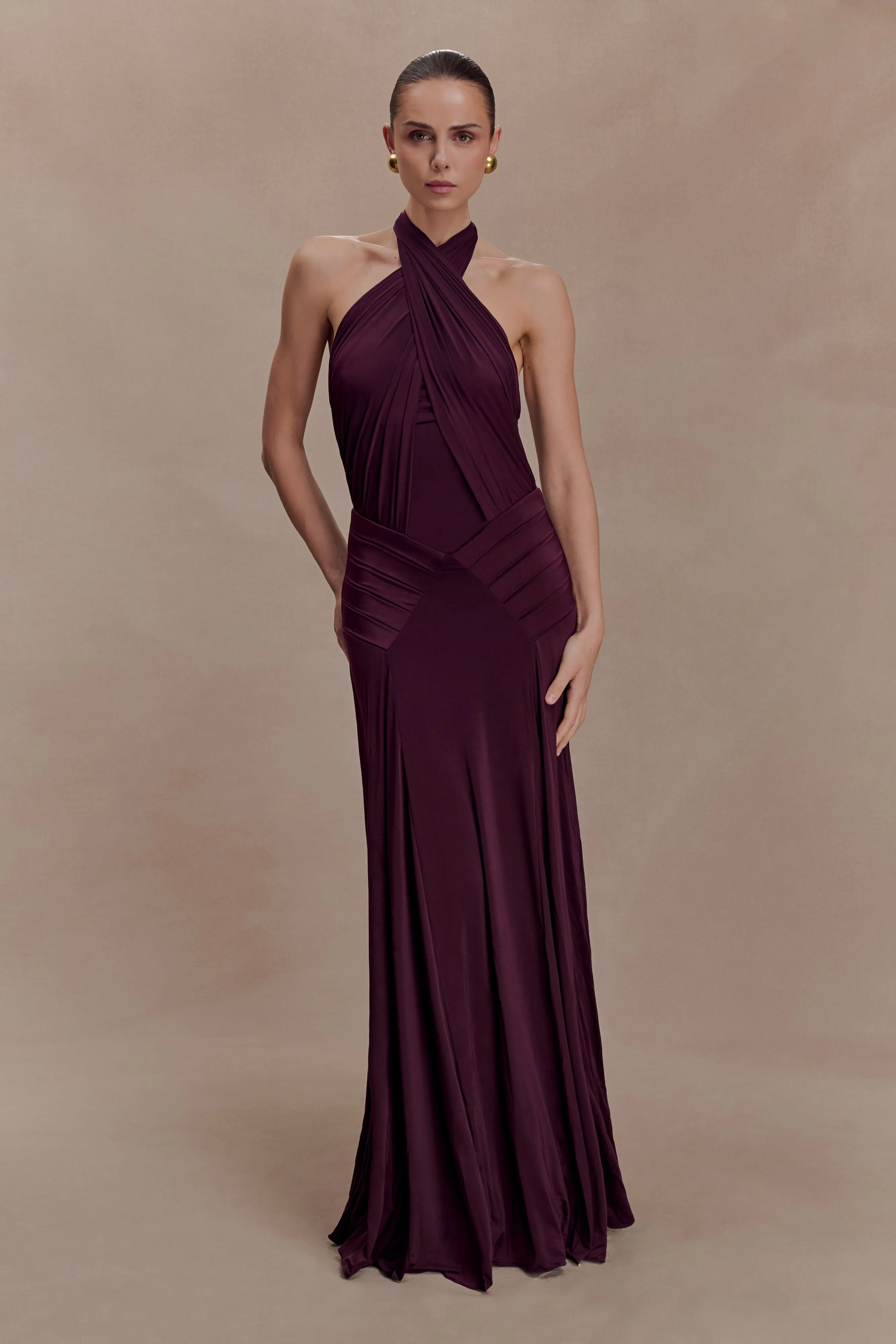 Indira Gathered Slinky Halter Maxi Dress - Mahogany sold by Meshki product image thumbnail 4