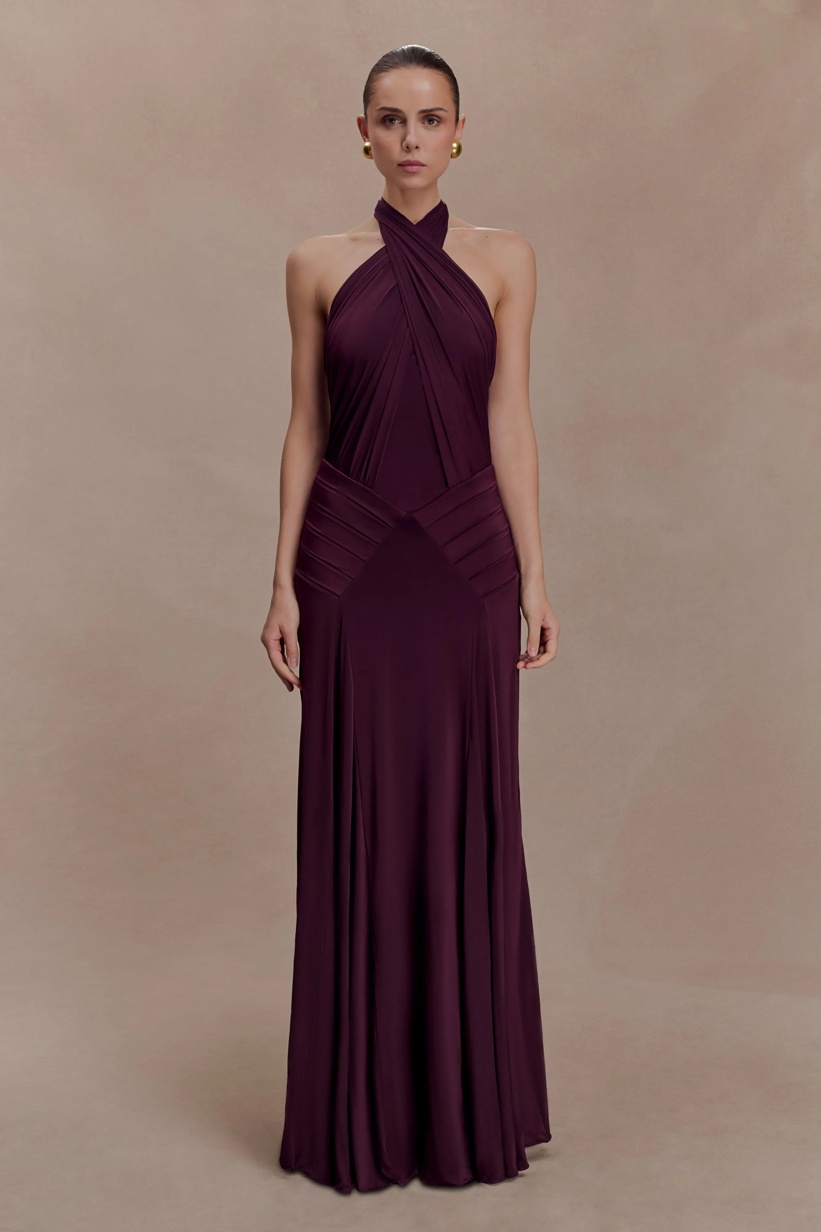 Indira Gathered Slinky Halter Maxi Dress - Mahogany sold by Meshki