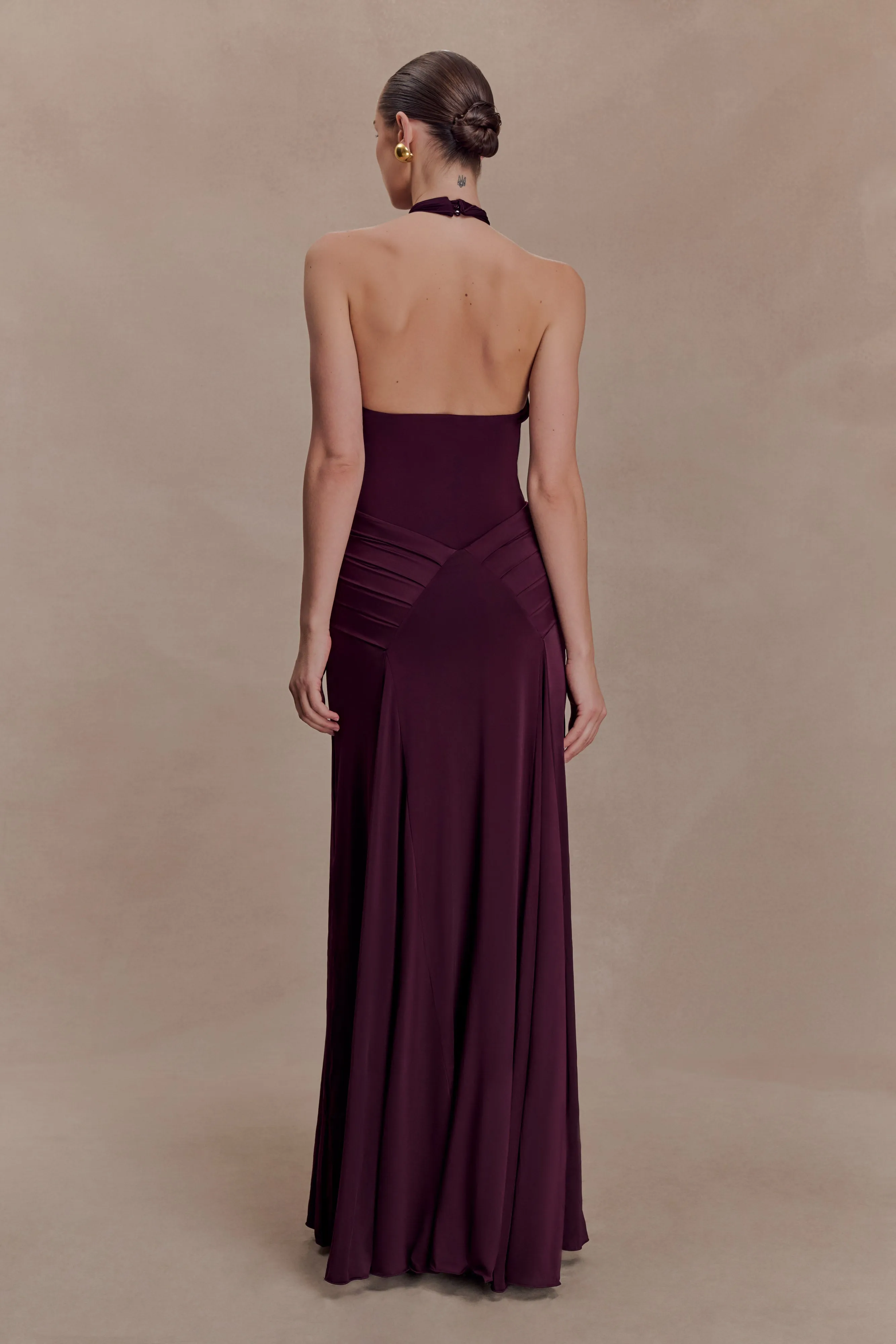 Indira Gathered Slinky Halter Maxi Dress - Mahogany sold by Meshki product image thumbnail 2