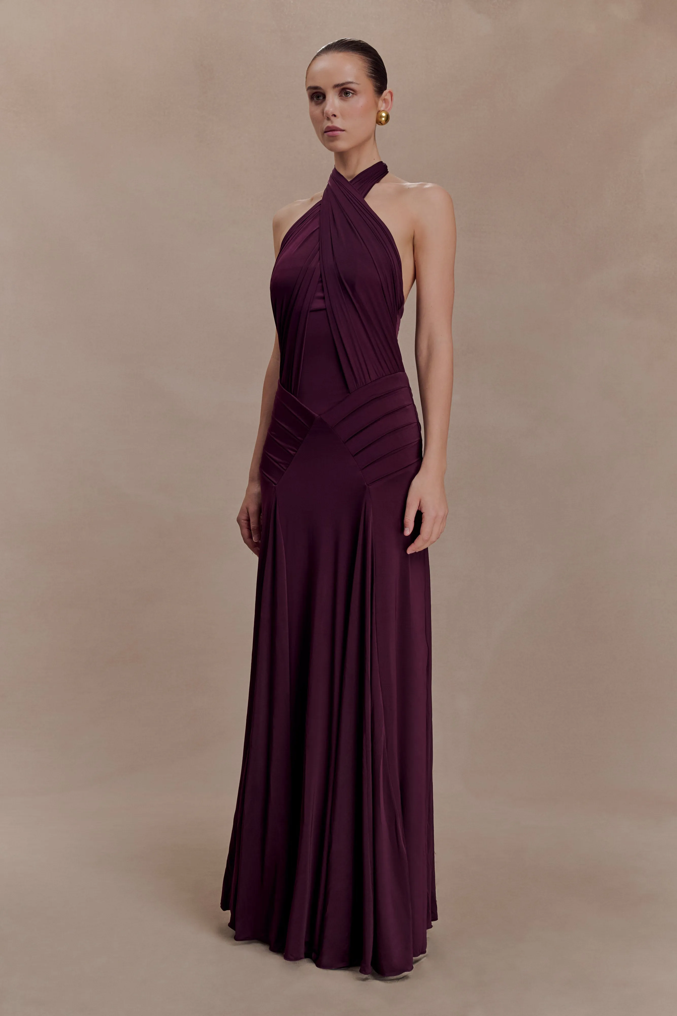 Indira Gathered Slinky Halter Maxi Dress - Mahogany sold by Meshki product image thumbnail 3