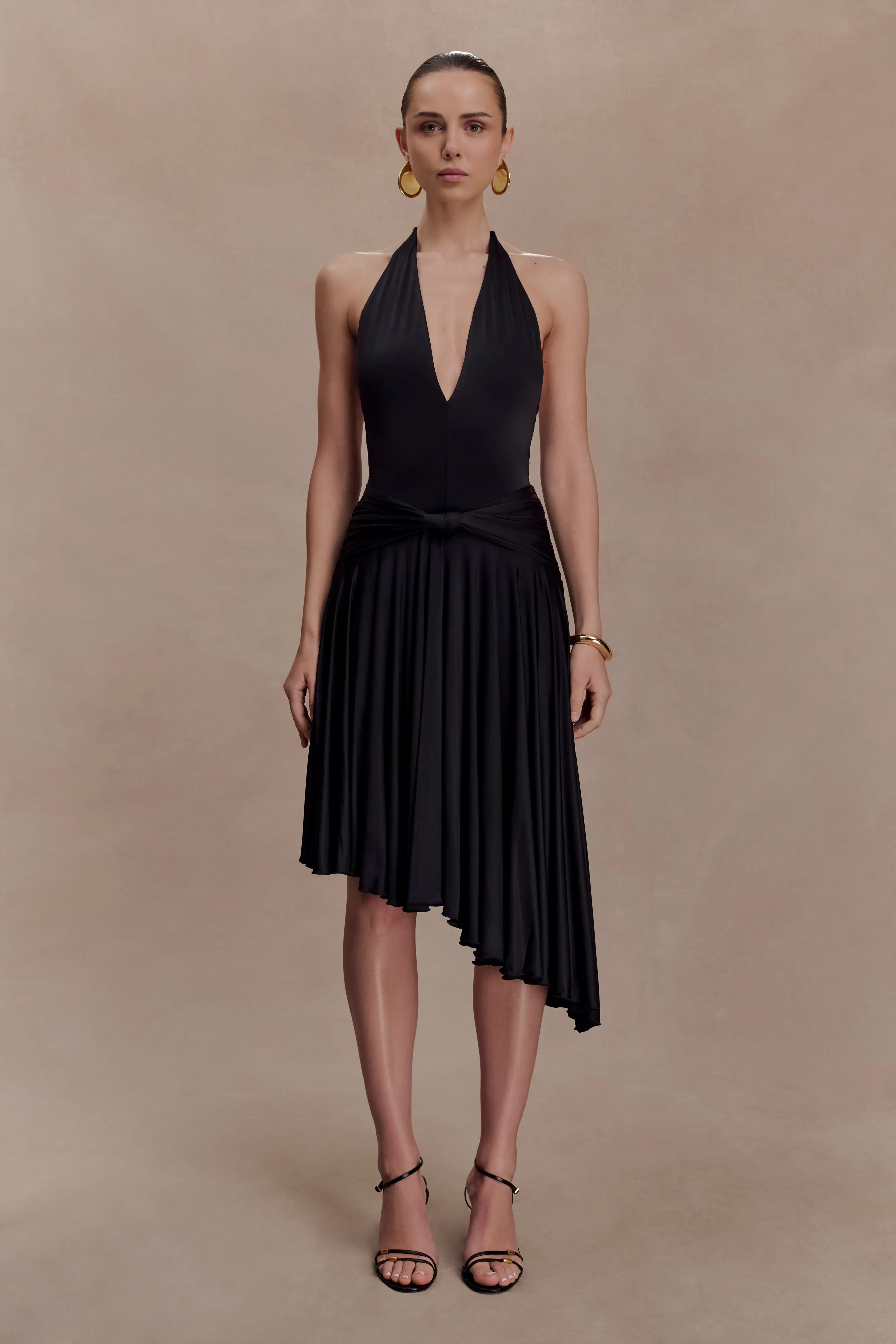 Zelda Asymmetric Slinky Midi Dress - Black sold by Meshki