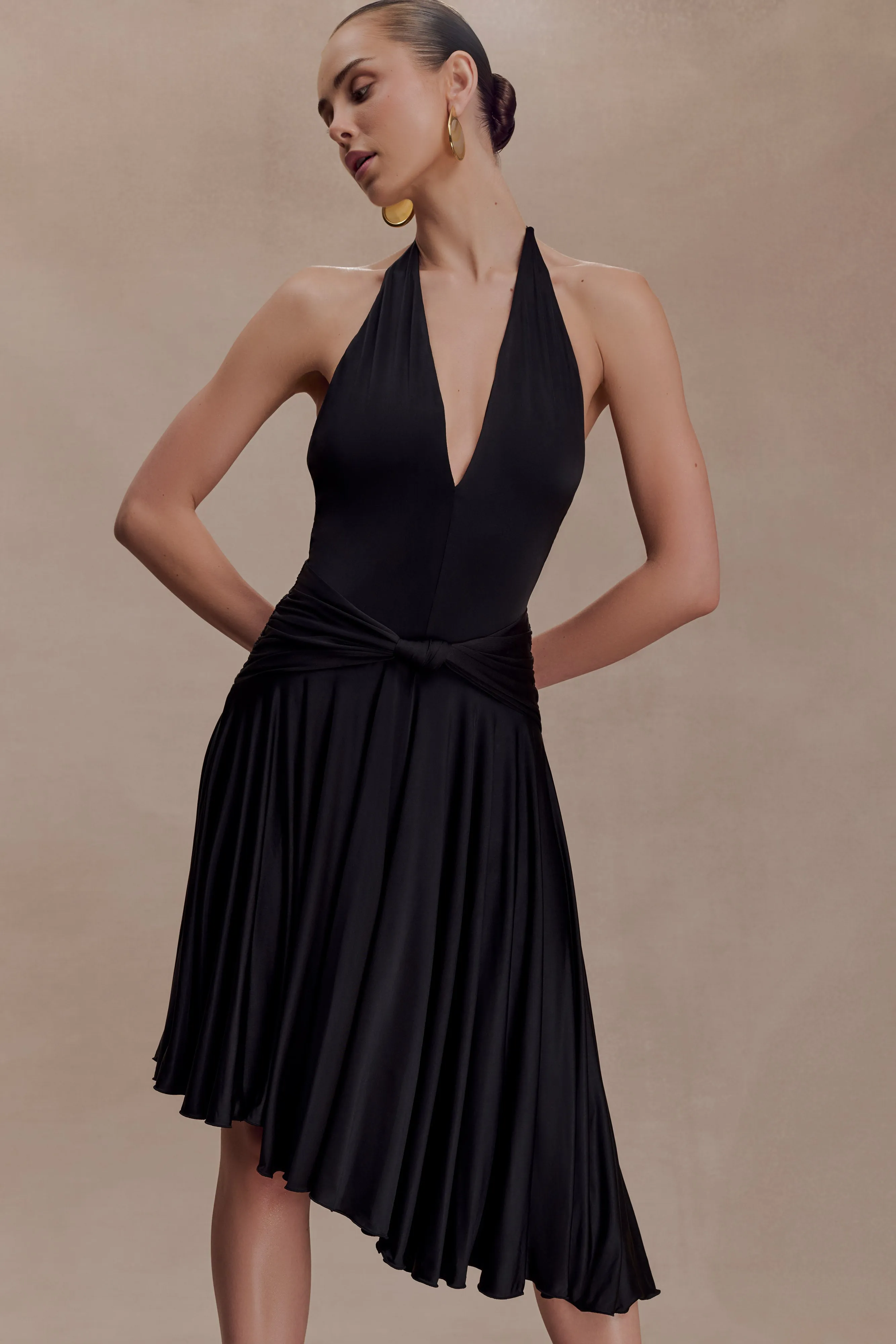 Zelda Asymmetric Slinky Midi Dress - Black sold by Meshki product image thumbnail 3