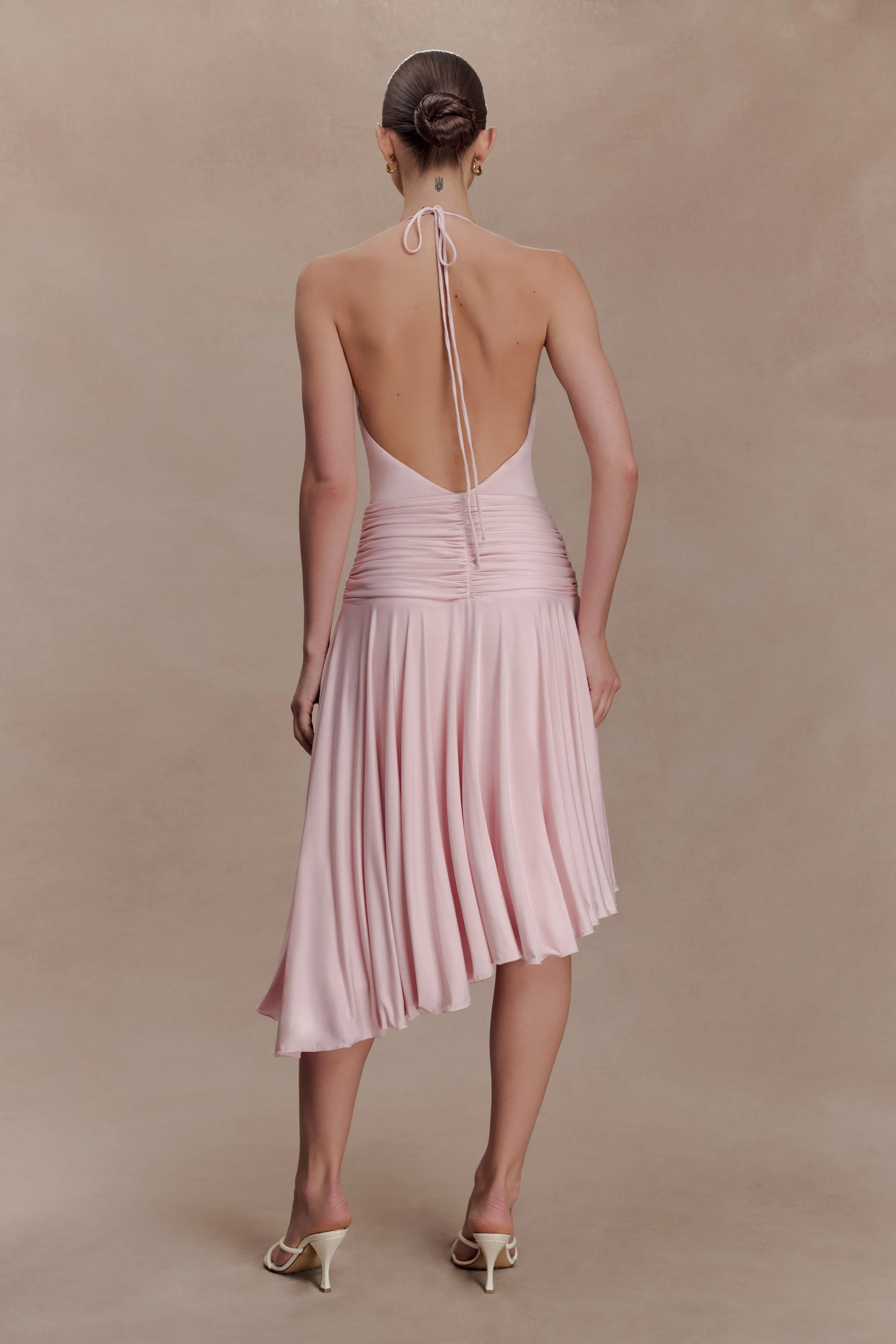 Zelda Asymmetric Slinky Midi Dress - Ballet Pink sold by Meshki product image thumbnail 2