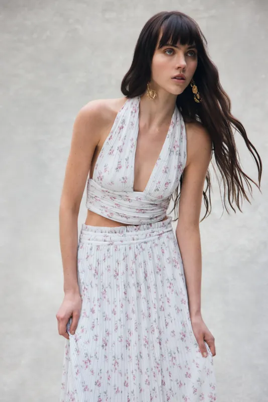 Amaris Sleeveless Plisse Halter Top - Floral Ditsy Print sold by Meshki