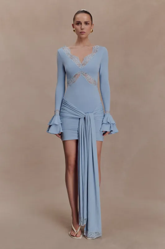 Electra Slinky Lace Mini Dress - Pale Blue sold by Meshki