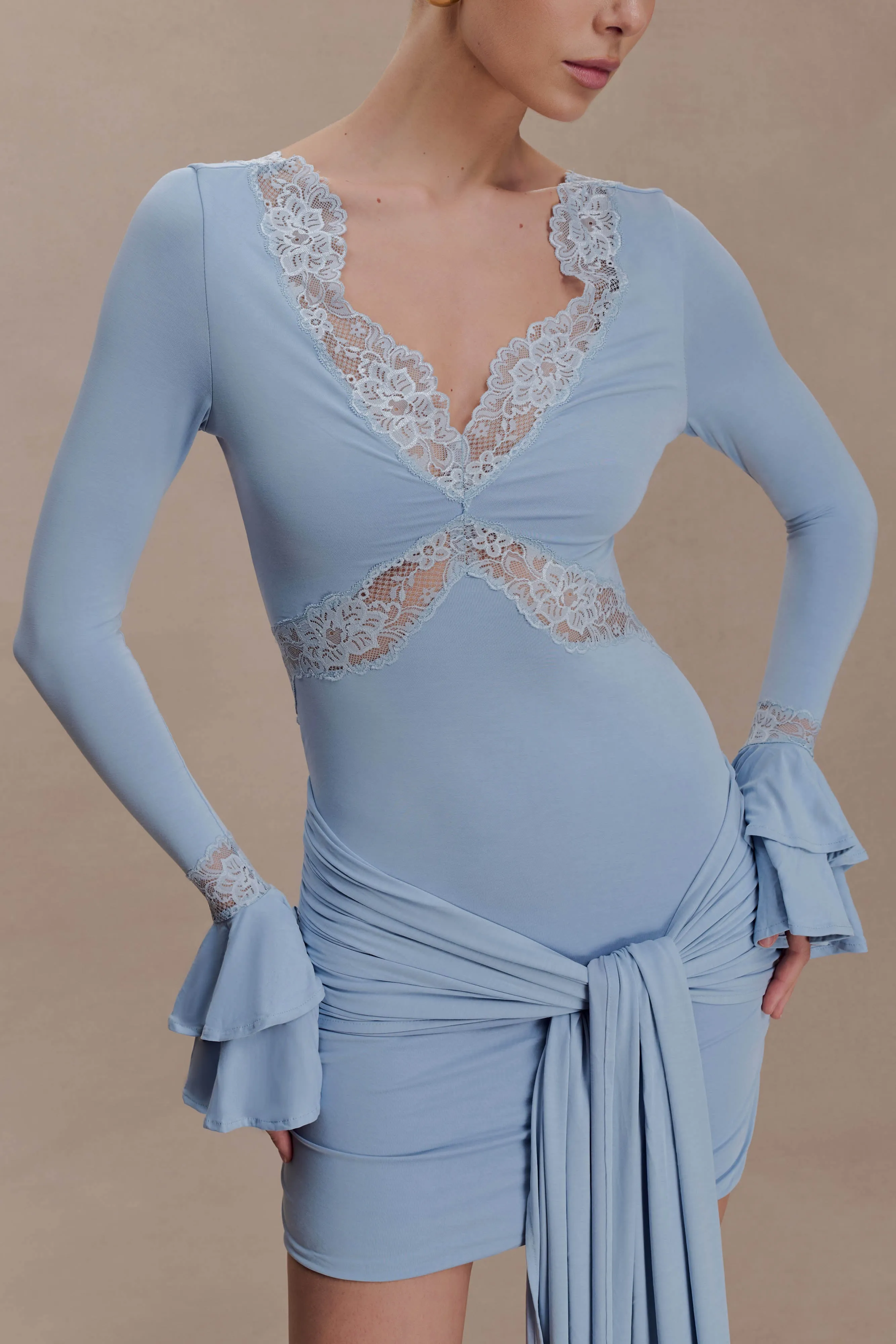 Electra Slinky Lace Mini Dress - Pale Blue sold by Meshki product image thumbnail 5