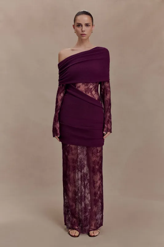 Luxie Lace Knit Maxi Dress - Plum sold by Meshki