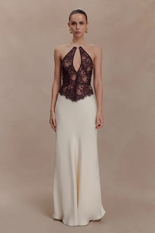 Sascha Lace And Satin Halter Maxi Dress - Ivory/Chocolate sold by Meshki