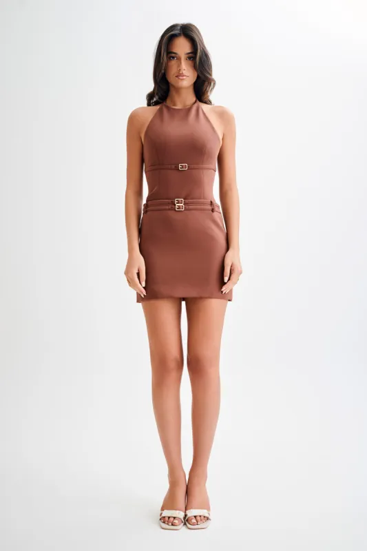 Letitia Suiting Mini Skirt With Buckle - Wood sold by Meshki