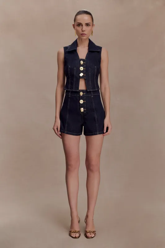 Demi High Waisted Denim Shorts - Washed Indigo Blue sold by Meshki