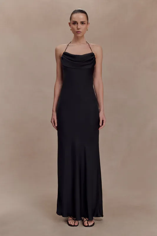 Lydia Cowl Neck Satin Maxi Dress - Black sold by Meshki
