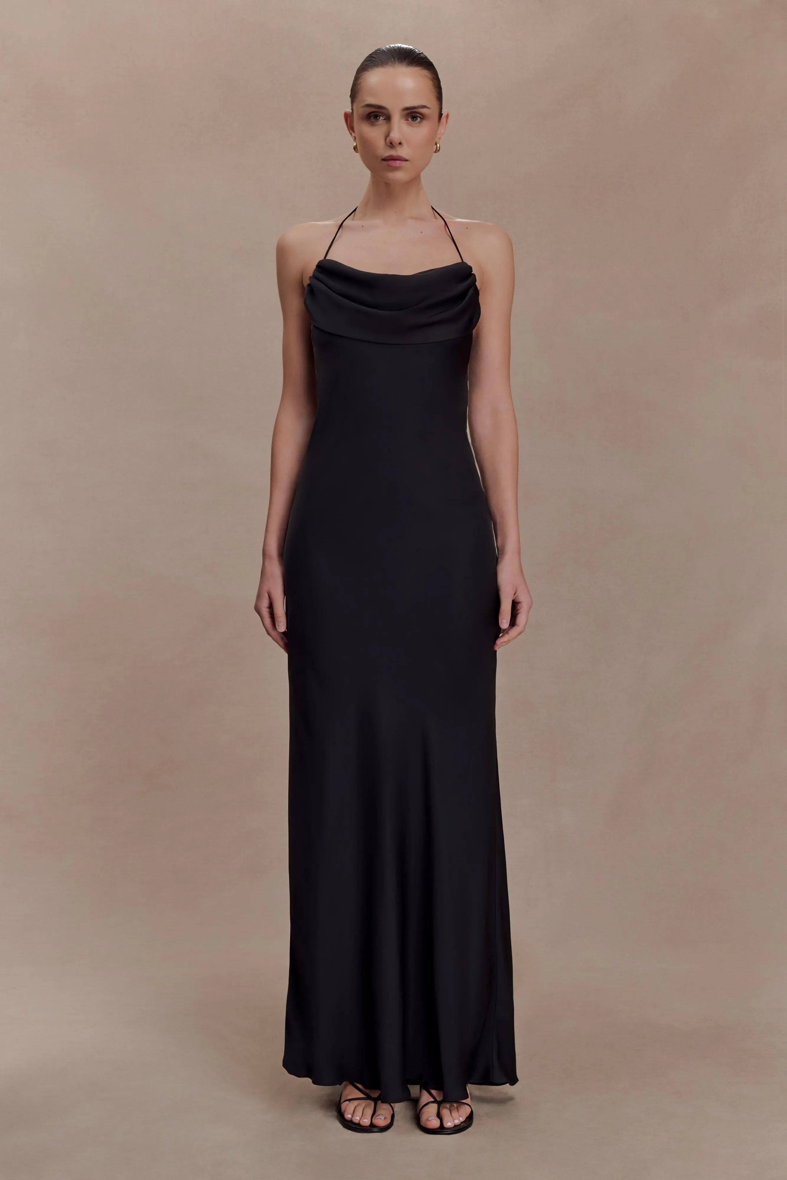 Lydia Cowl Neck Satin Maxi Dress - Black sold by Meshki