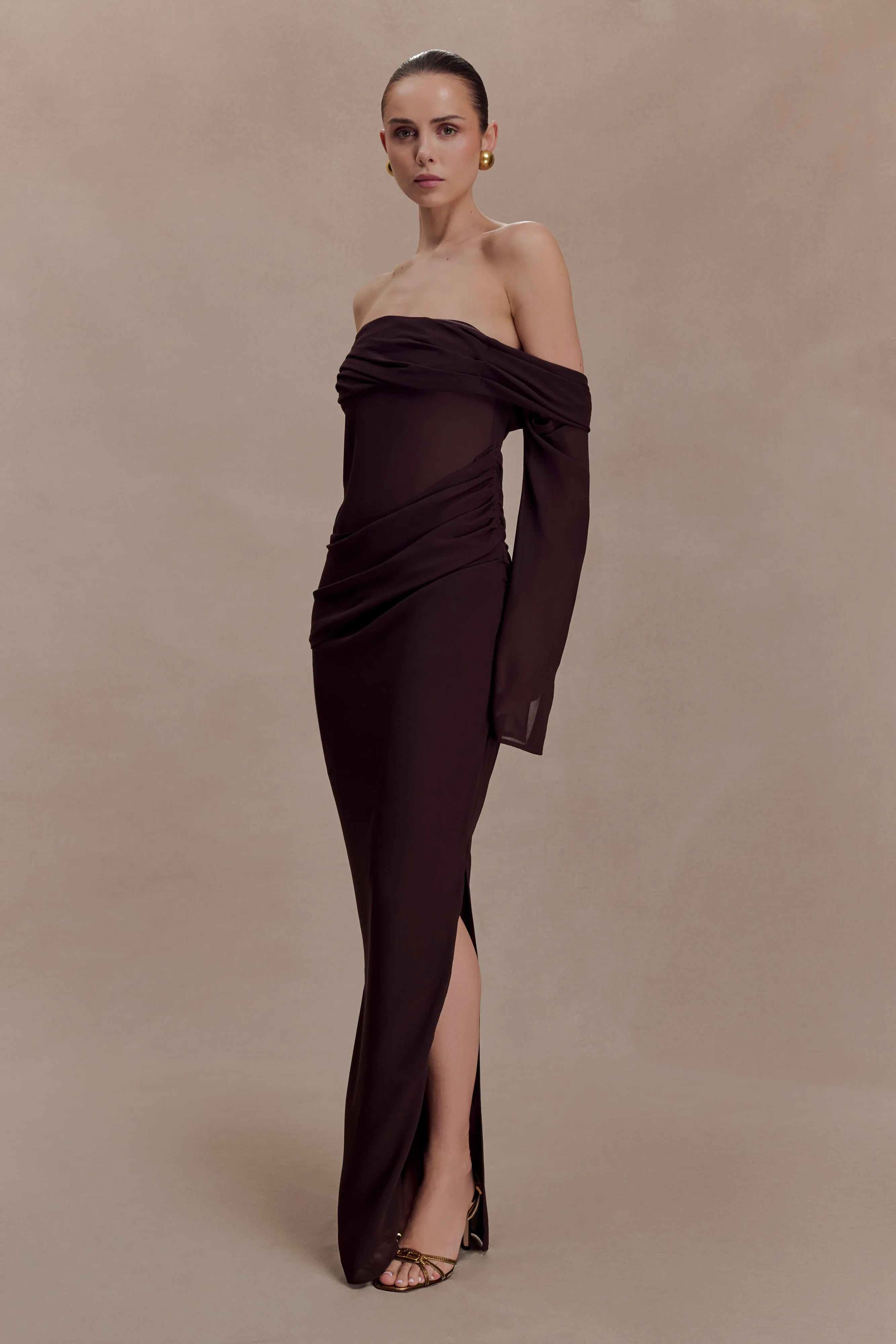 Kirsten Off Shoulder Chiffon Maxi Dress - Cacao Brown sold by Meshki product image thumbnail 3