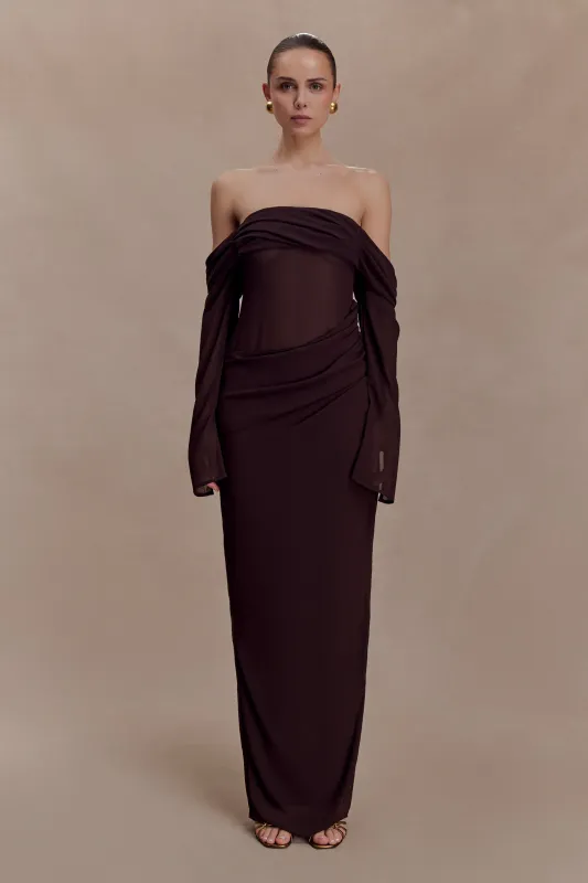 Kirsten Off Shoulder Chiffon Maxi Dress - Cacao Brown sold by Meshki