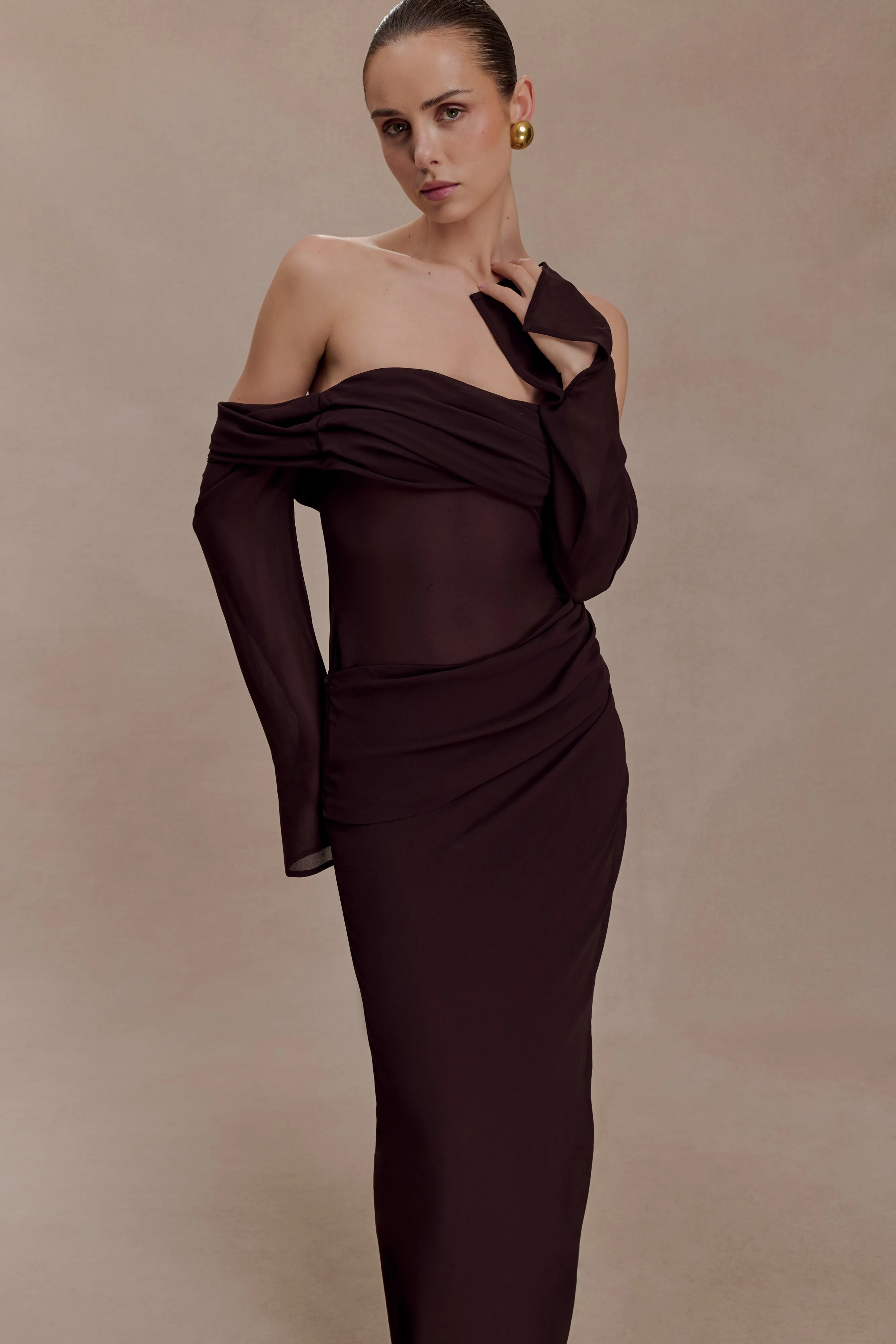 Kirsten Off Shoulder Chiffon Maxi Dress - Cacao Brown sold by Meshki product image thumbnail 5