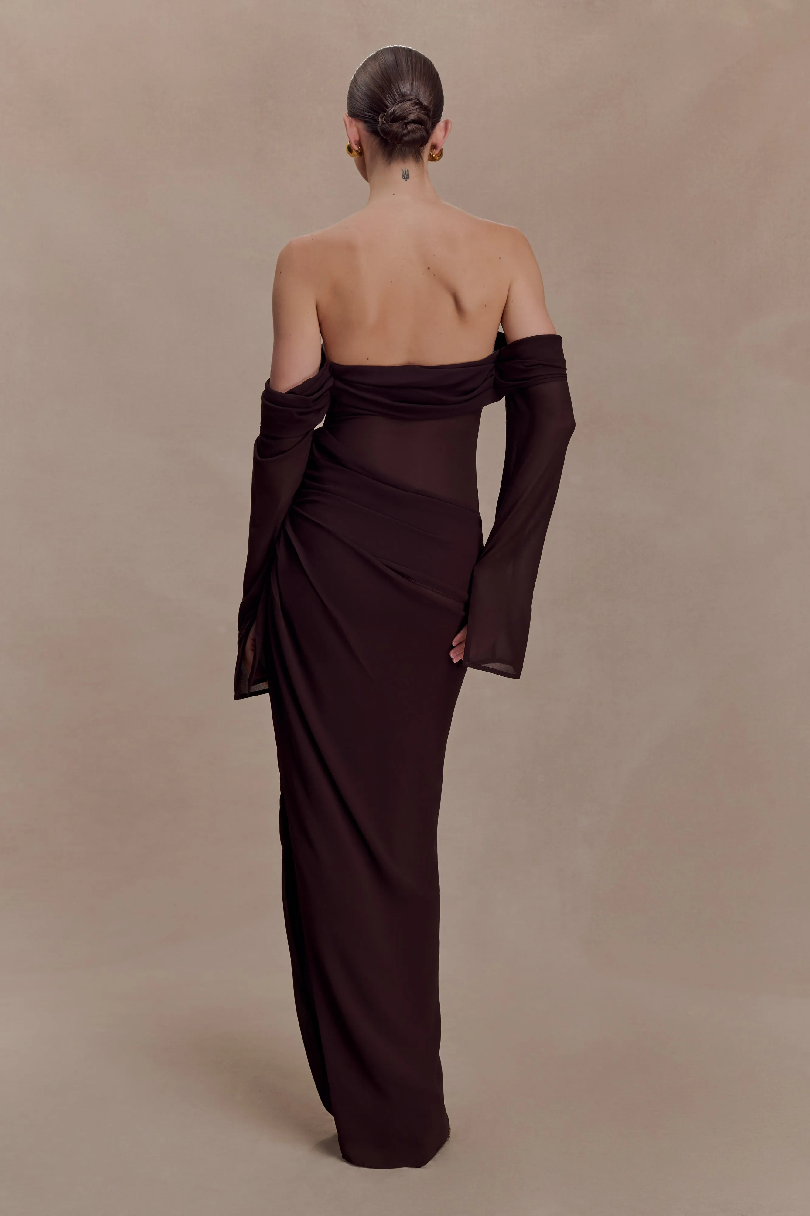 Kirsten Off Shoulder Chiffon Maxi Dress - Cacao Brown sold by Meshki product image thumbnail 2