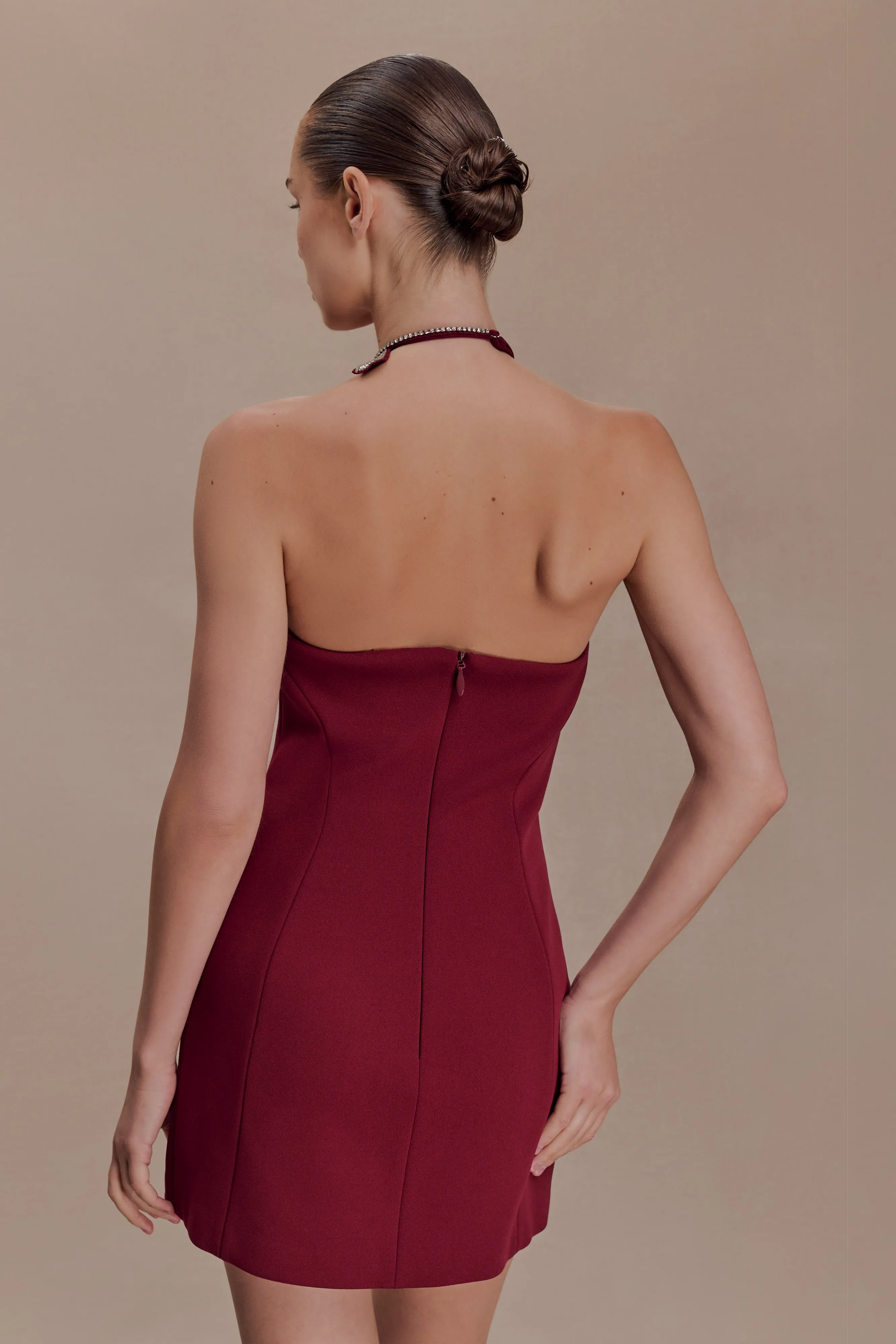 Nathalie Halter Neck Floral Mini Dress - Merlot sold by Meshki product image thumbnail 2