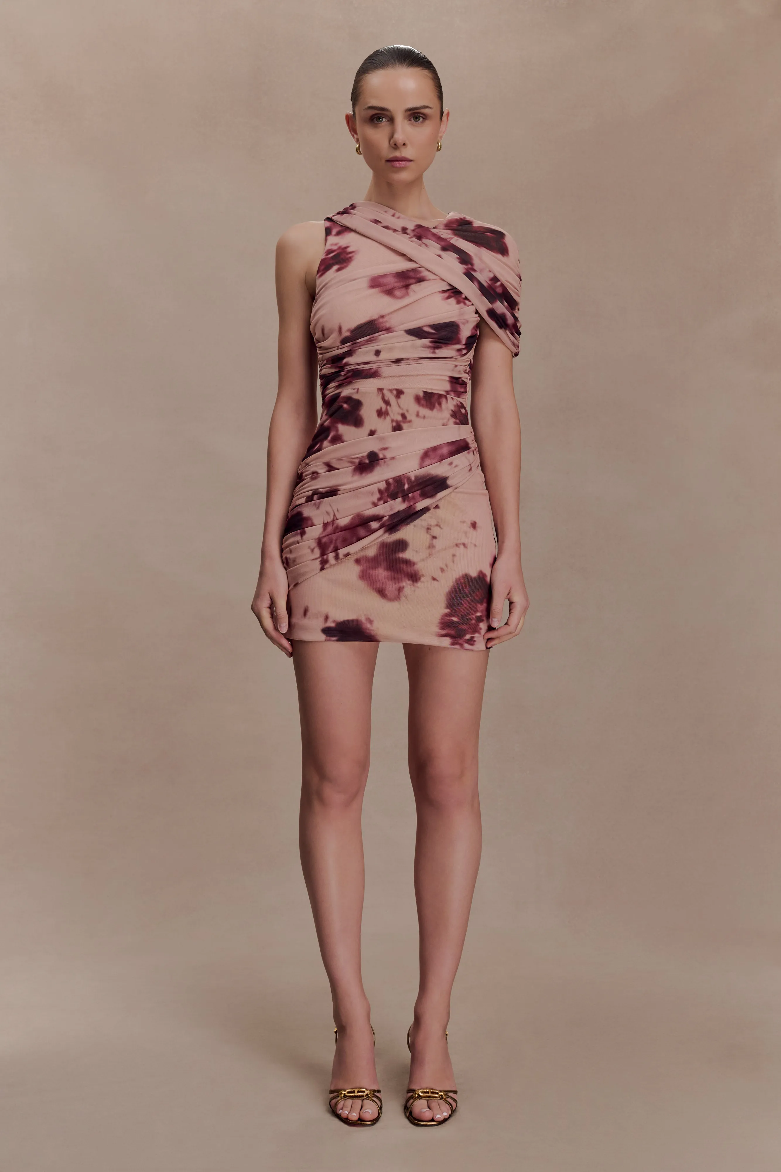 Adrienne One Shoulder Mesh Mini Dress - Nude Blurred Floral Print sold by Meshki