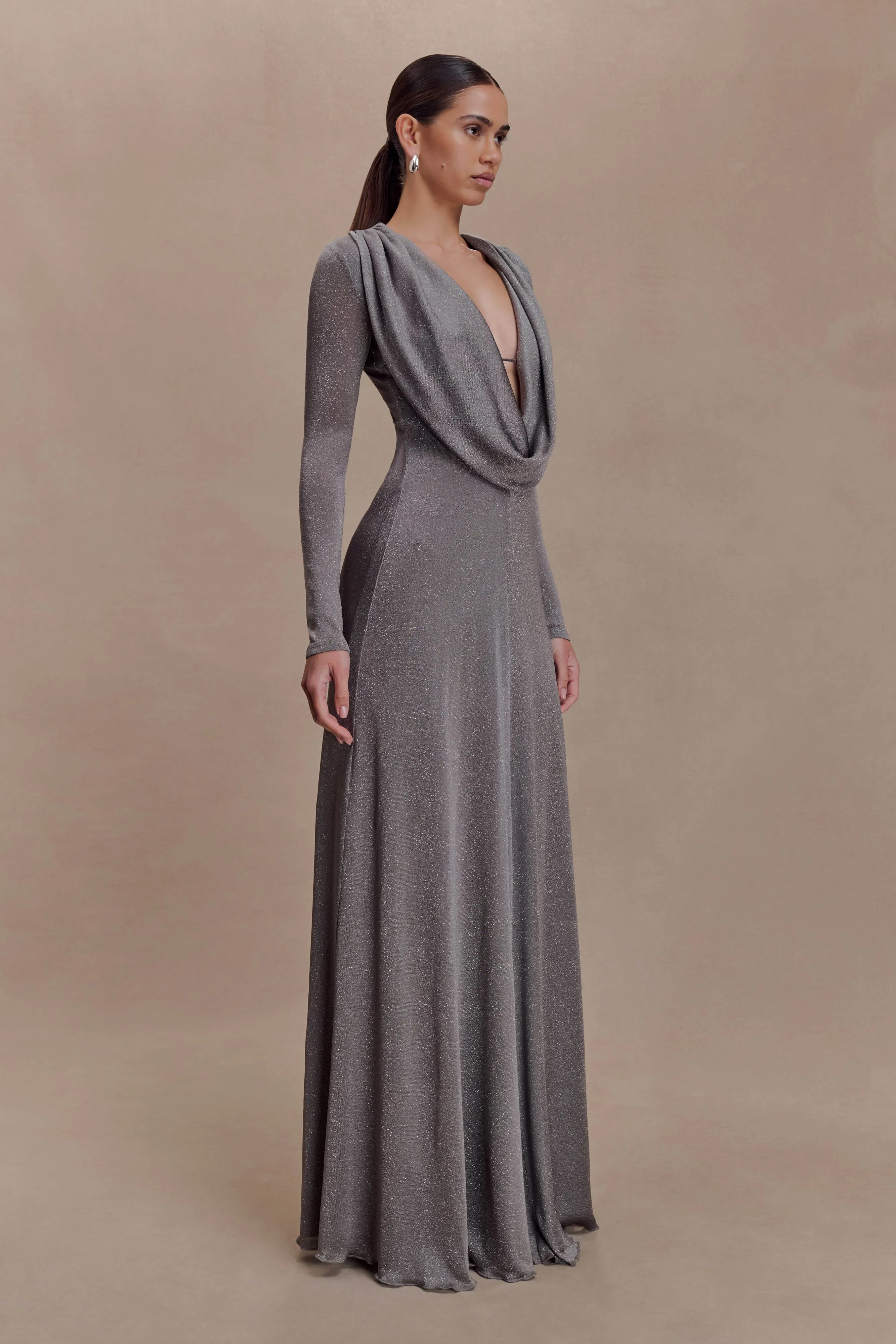 Scarlet Lurex Cowl Maxi Dress - Silver sold by Meshki product image thumbnail 5