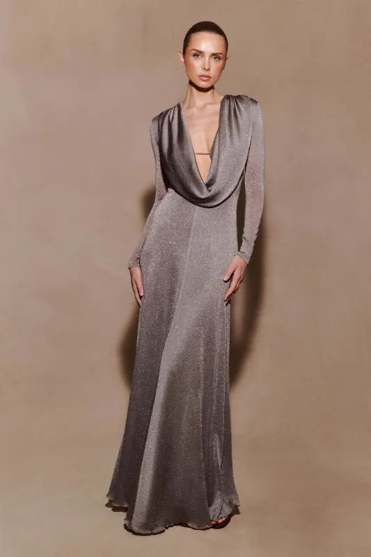 Scarlet Lurex Cowl Maxi Dress - Silver sold by Meshki