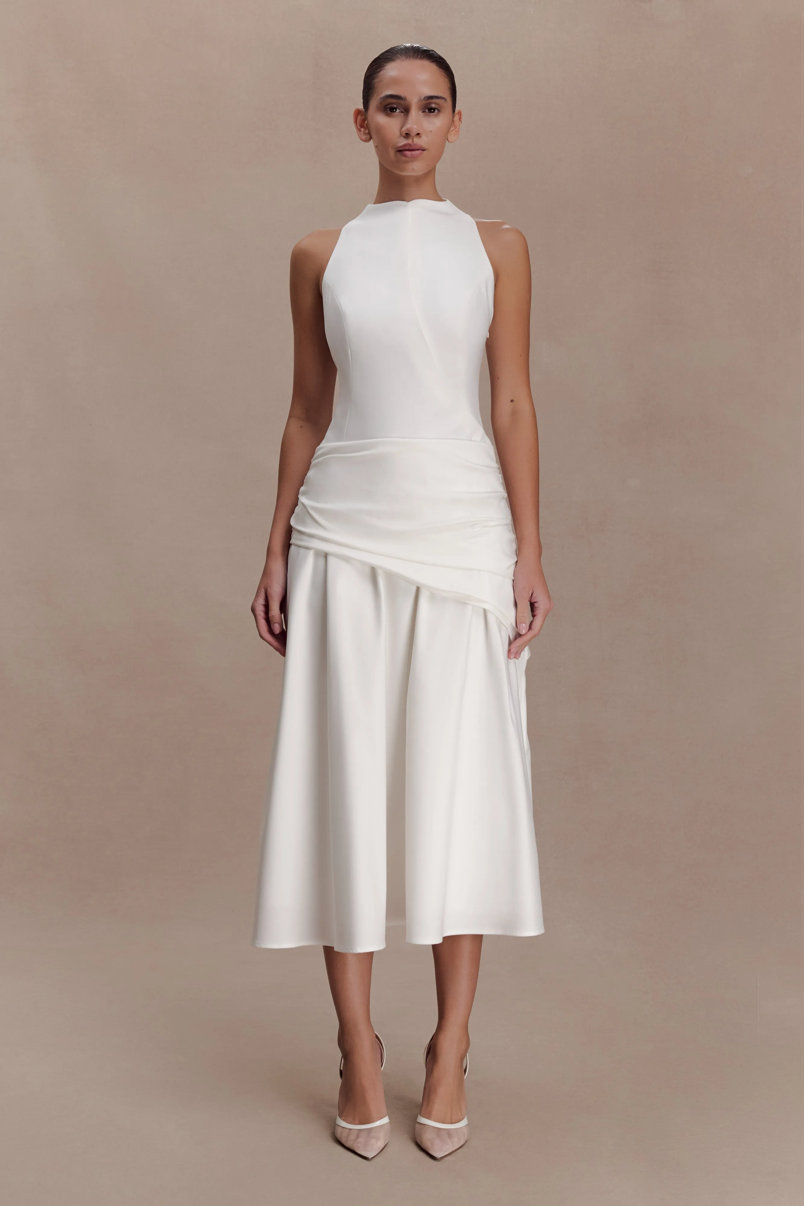 Emily Wrapped Waist Midi Dress - White sold by Meshki