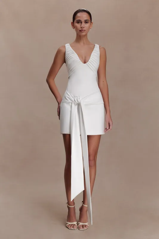 Runa Off Shoulder Mini Dress With Waist Tie - White sold by Meshki