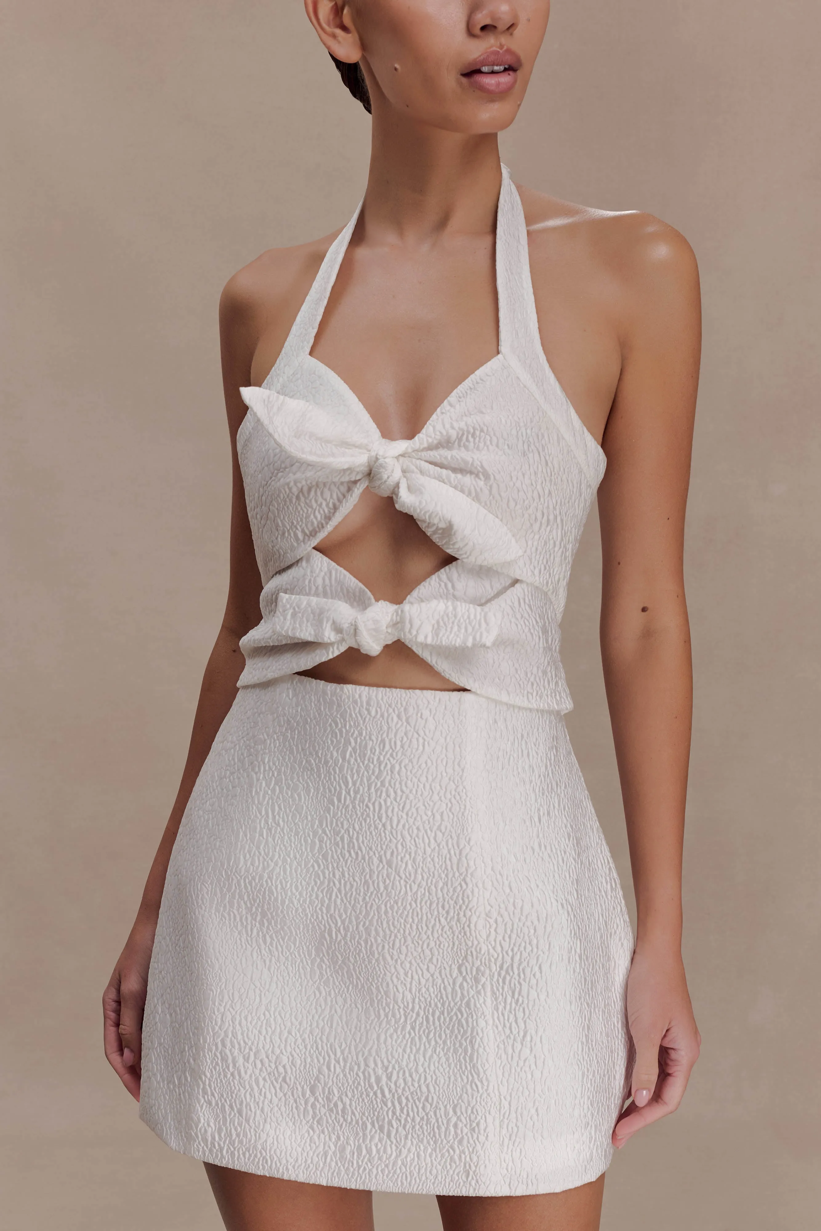 Ella Bow Detail Halter Mini Dress - White sold by Meshki product image thumbnail 3